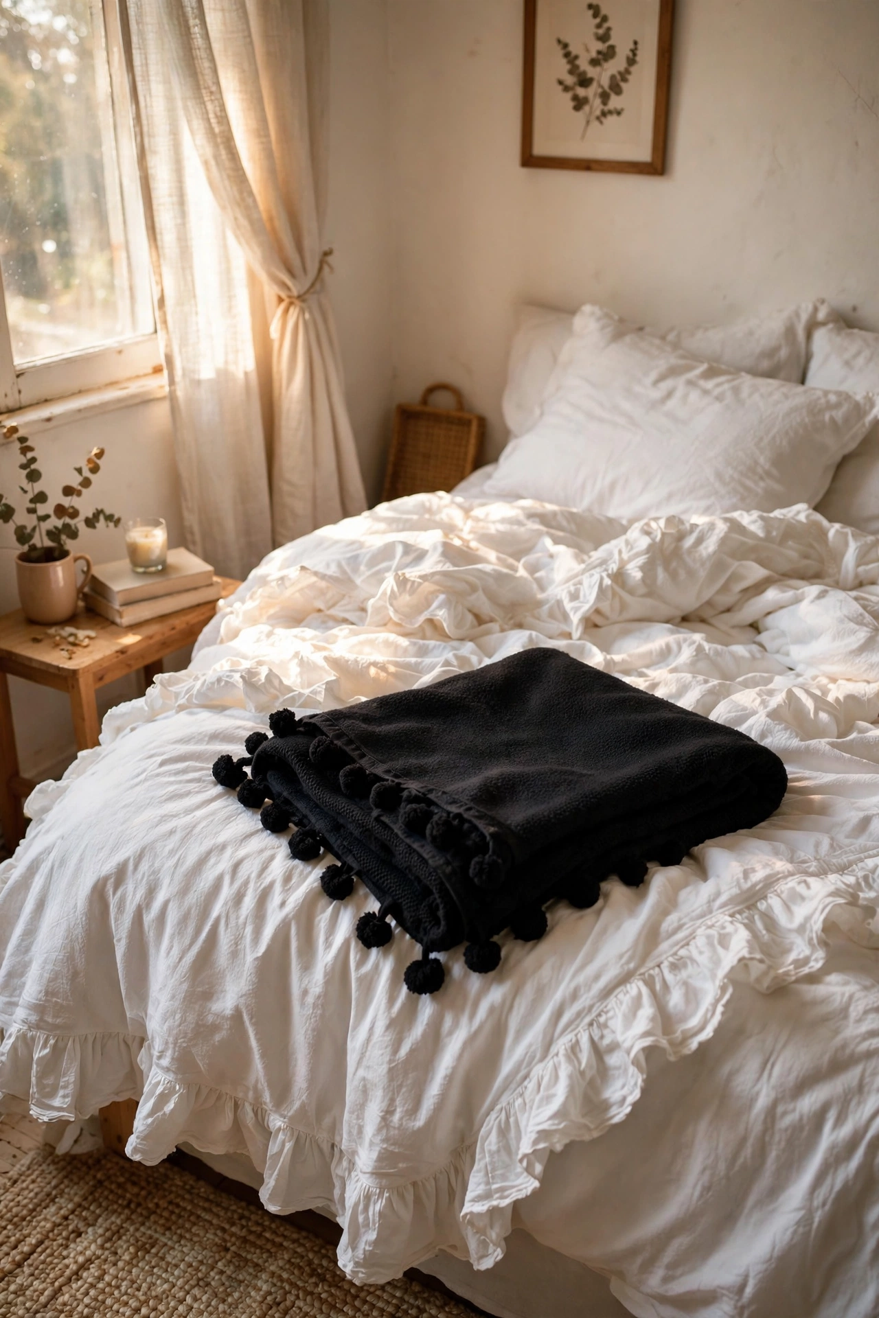 Ruffled white duvet with black pom-pom throw at foot of bed
