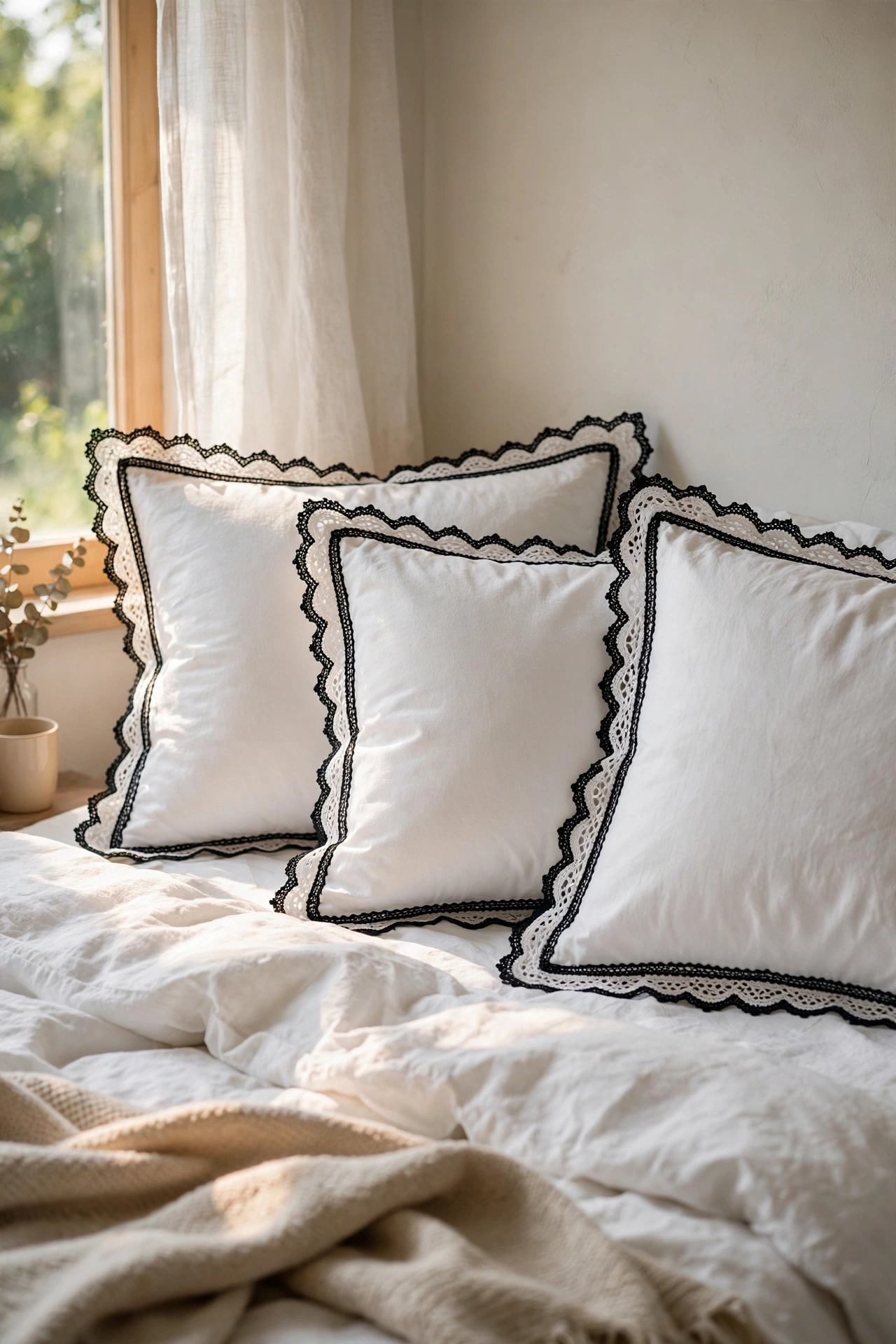 Pillowcases with black and white lace trim on bed
