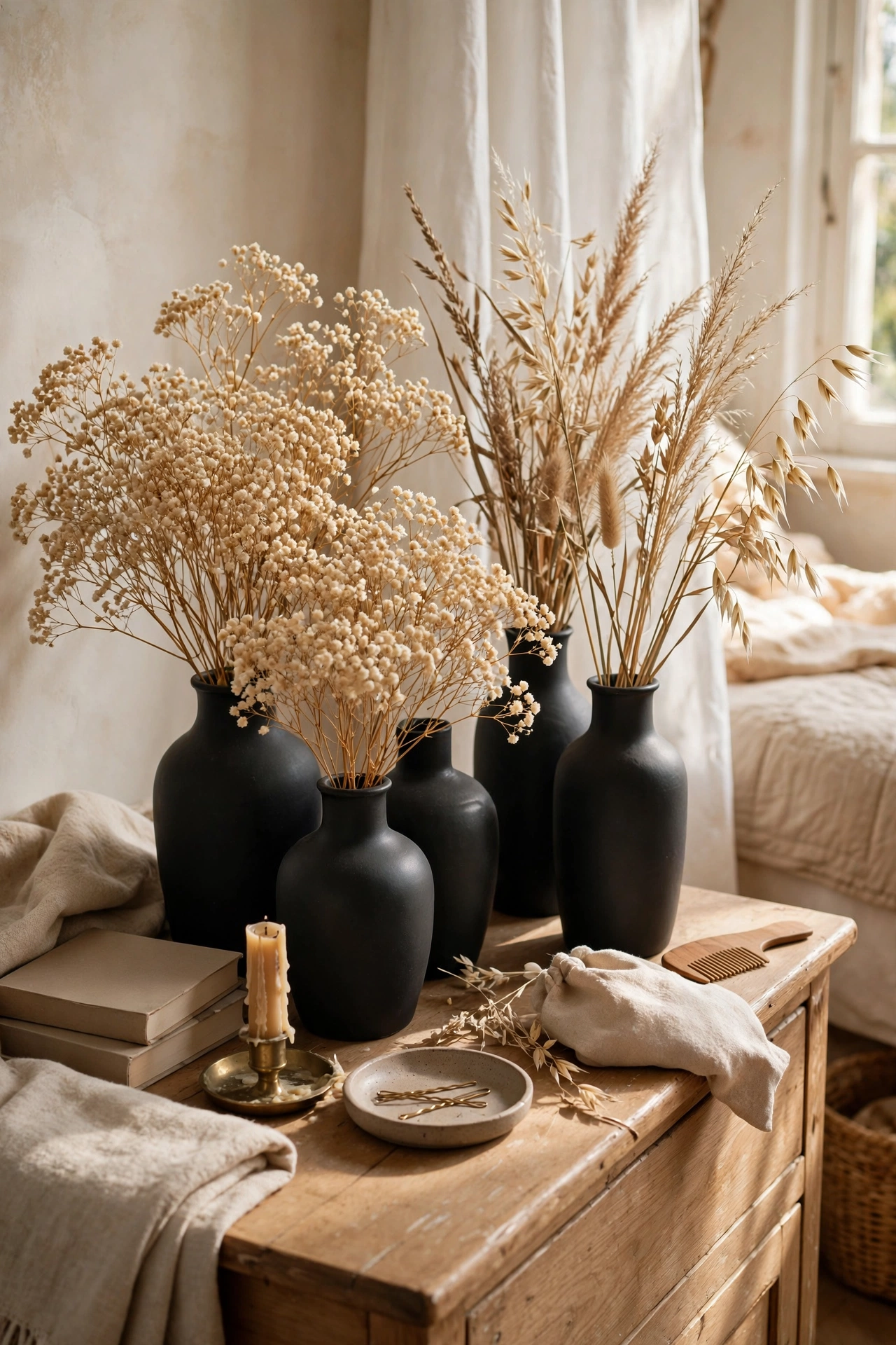 Dried cream flowers in matte black vases on dresser