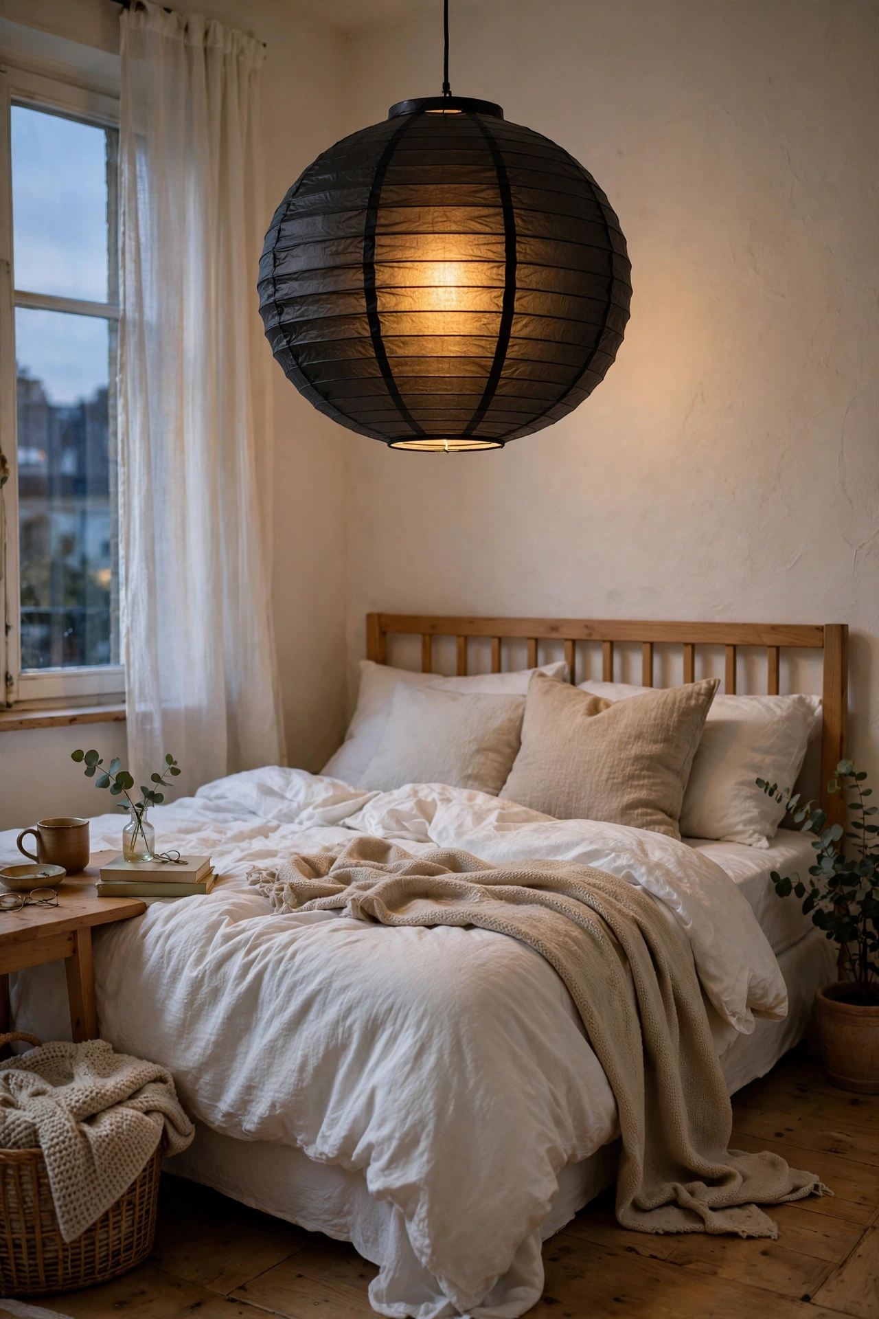 Black paper lantern pendant glowing over white bed
