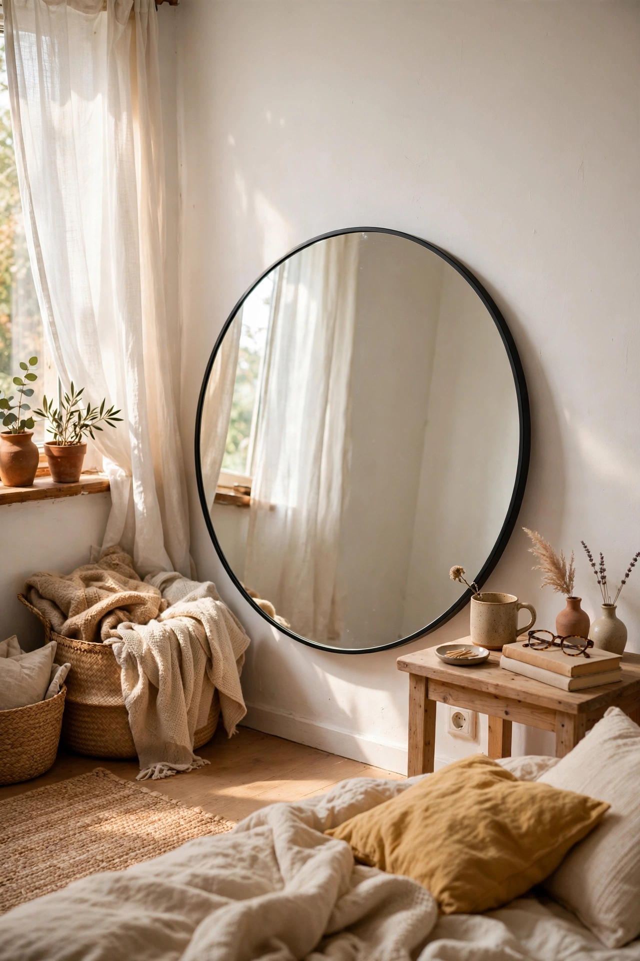 Round mirror in slim black frame leaning on bedroom wall