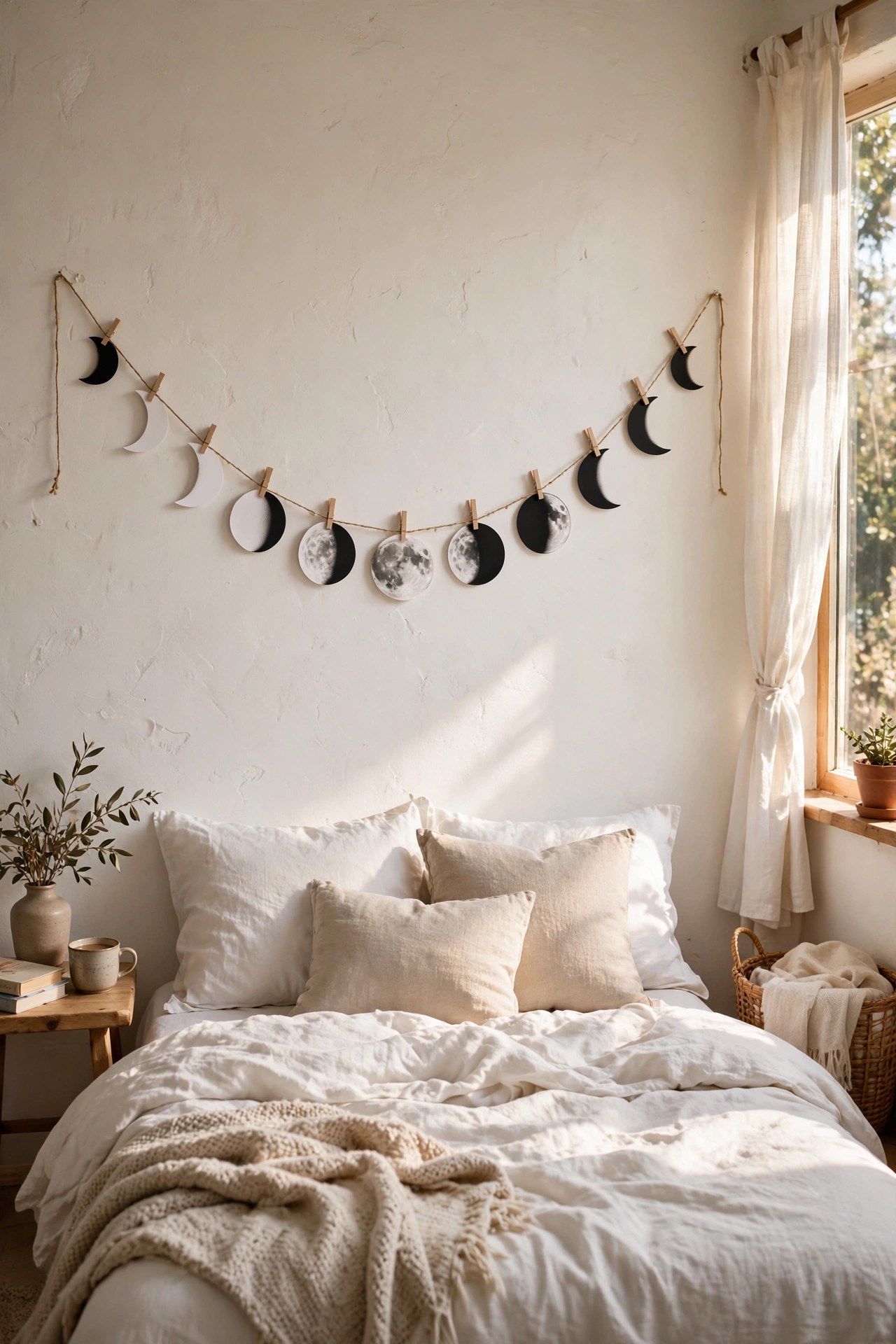 Black and white moon phase garland swagged above bed