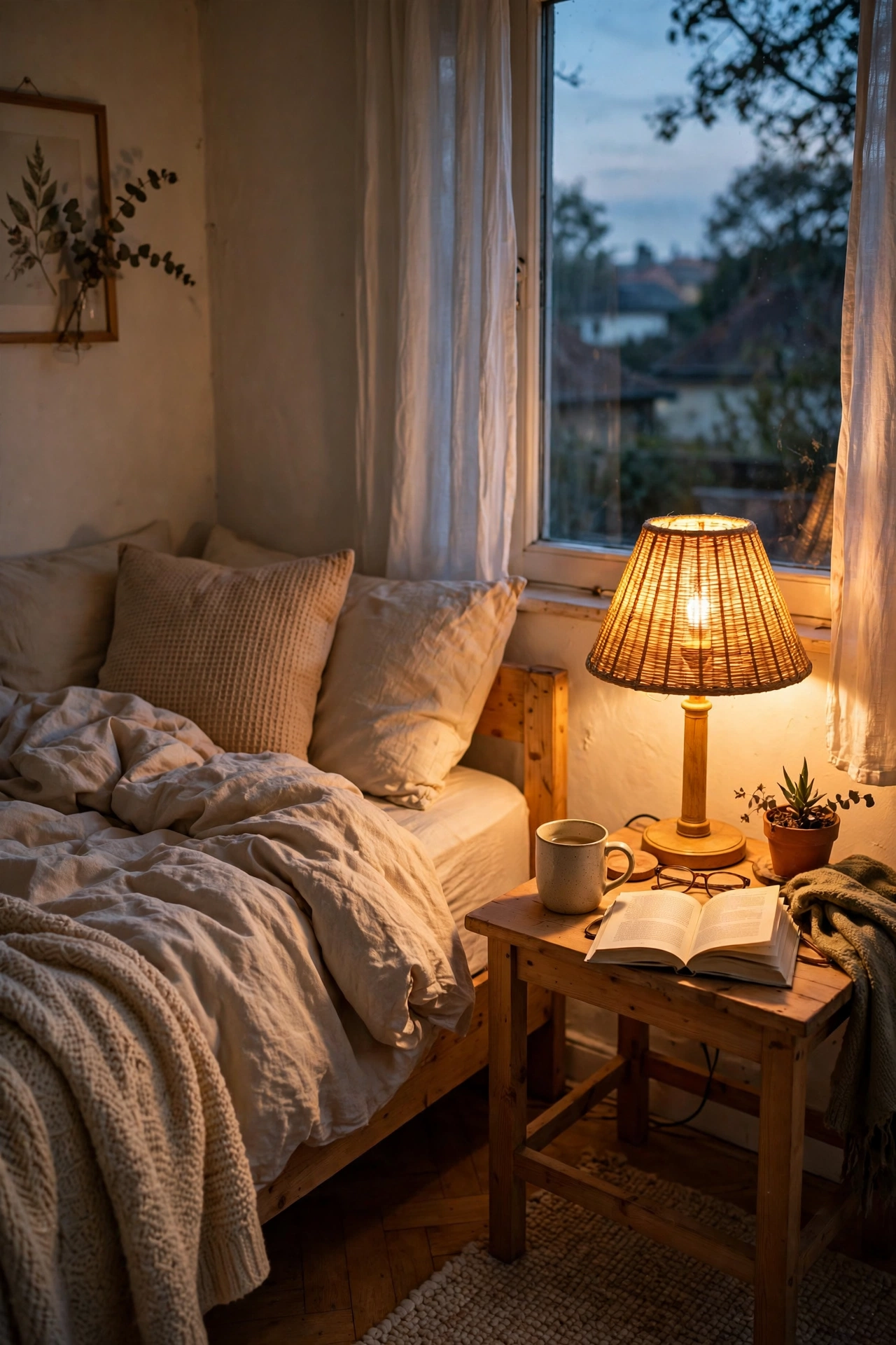Warm bedside lamp glowing golden in a cosy bedroom at dusk