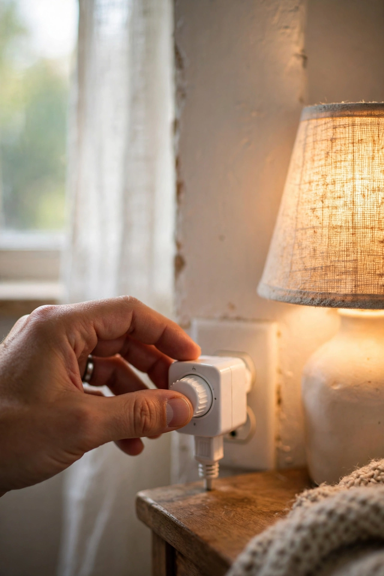 Hand turning a plug-in dimmer dial on a nightstand lamp