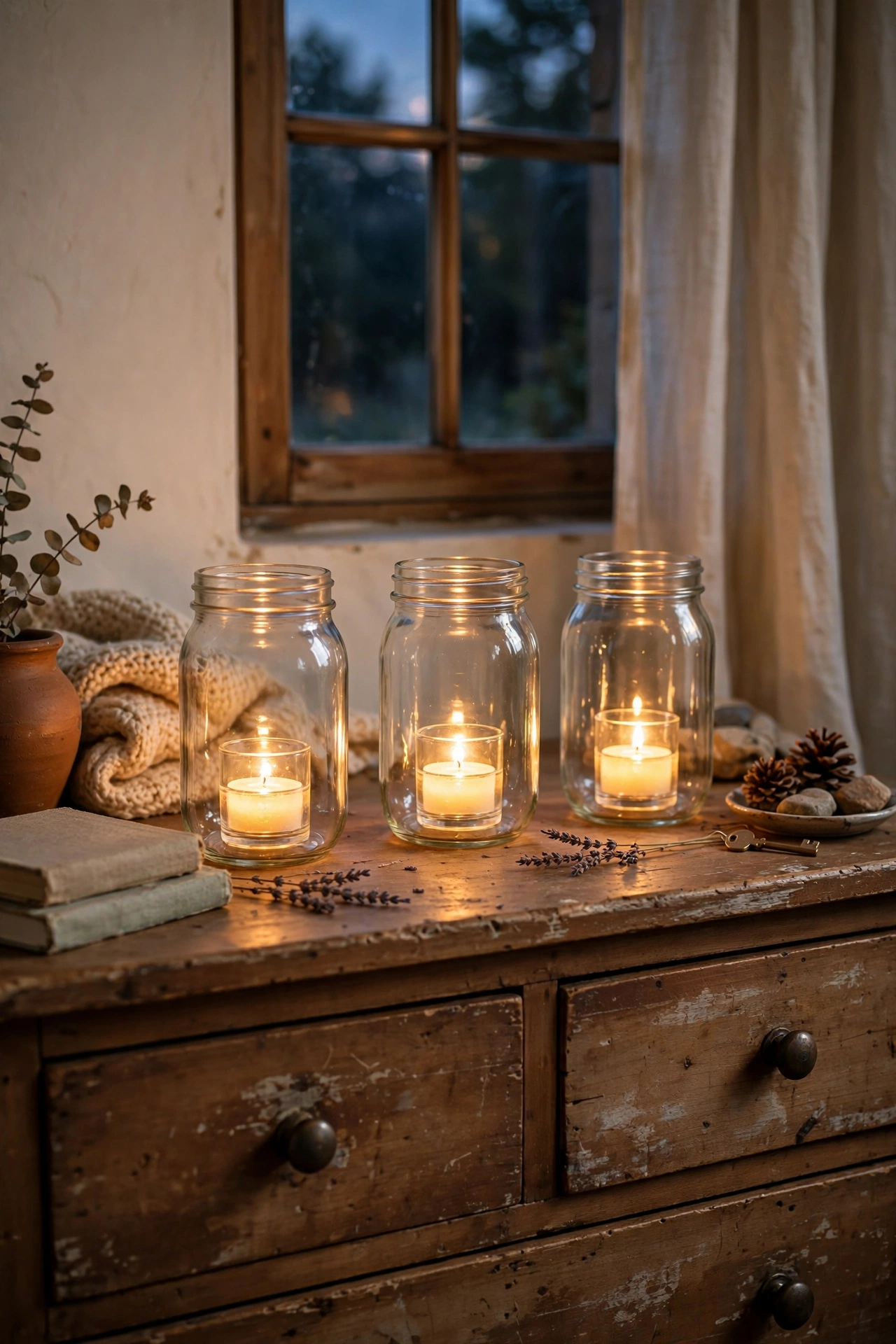 Battery tea lights glowing inside glass jars on a dresser