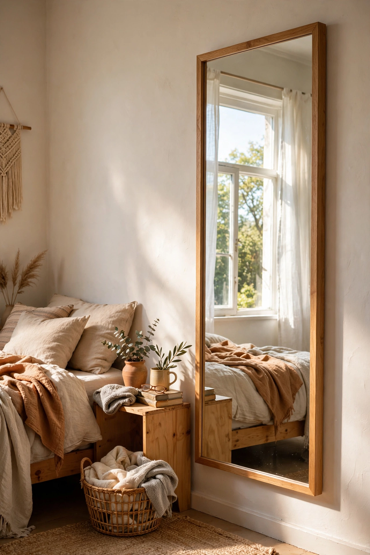 Tall mirror facing a bedroom window bouncing daylight
