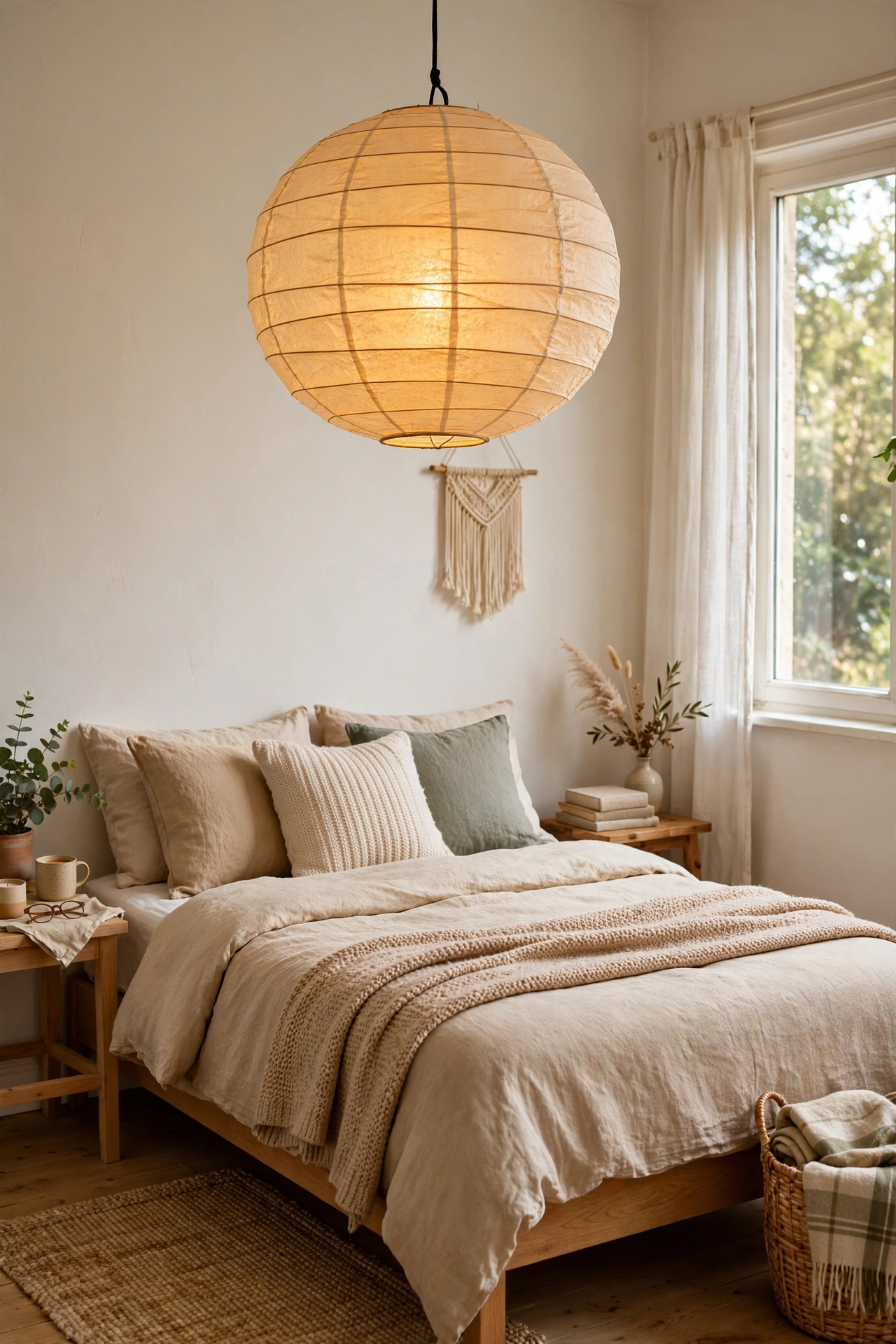 Rice paper lantern pendant glowing softly over a bed