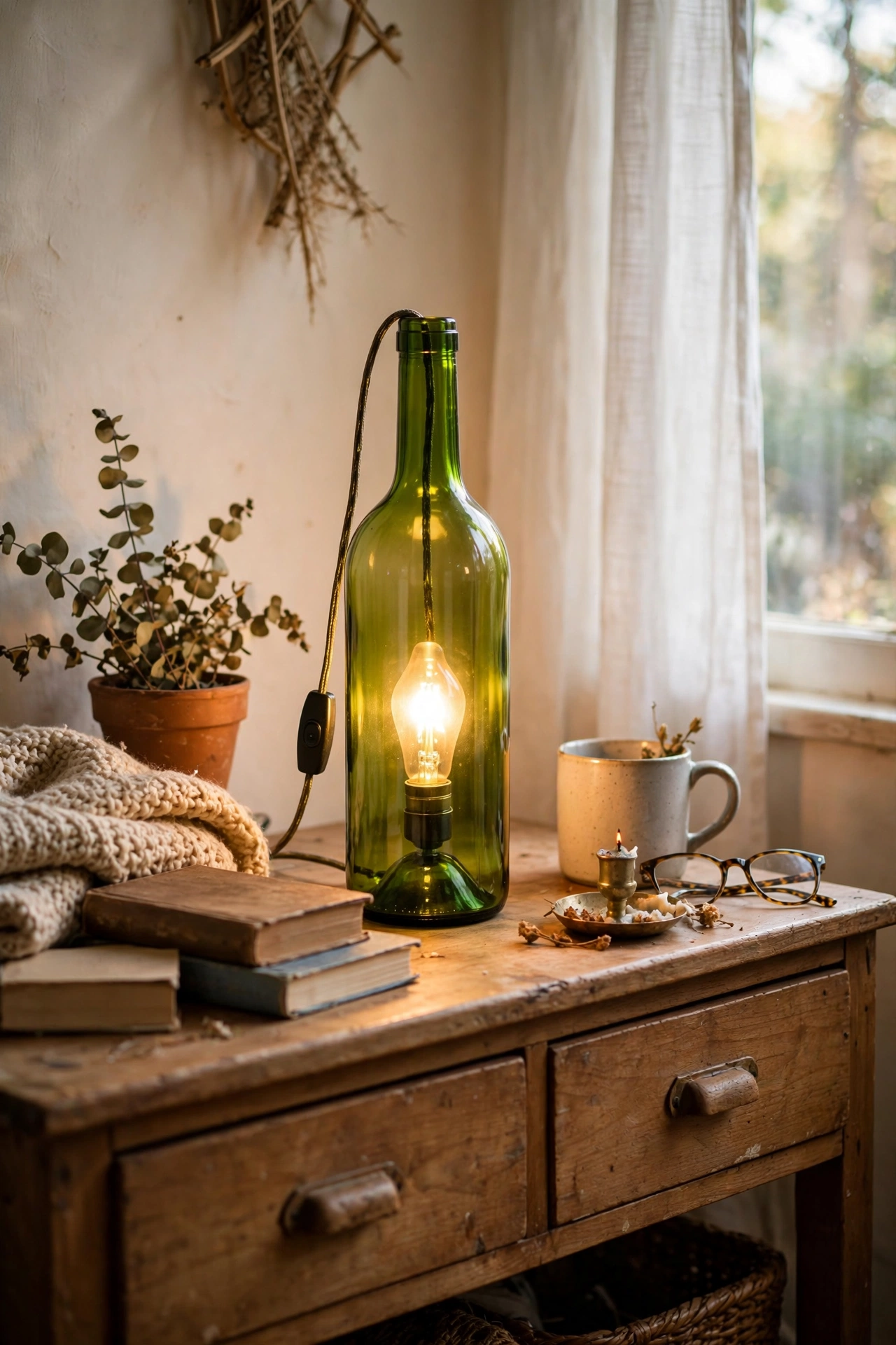 DIY wine bottle table lamp glowing on a wooden dresser