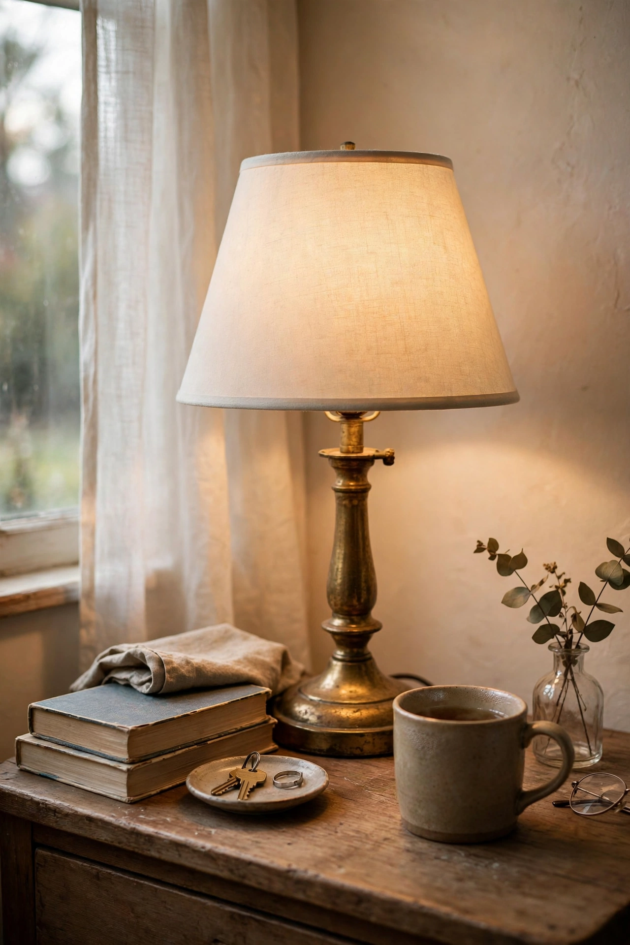 Thrifted lamp with a freshly recovered linen lampshade