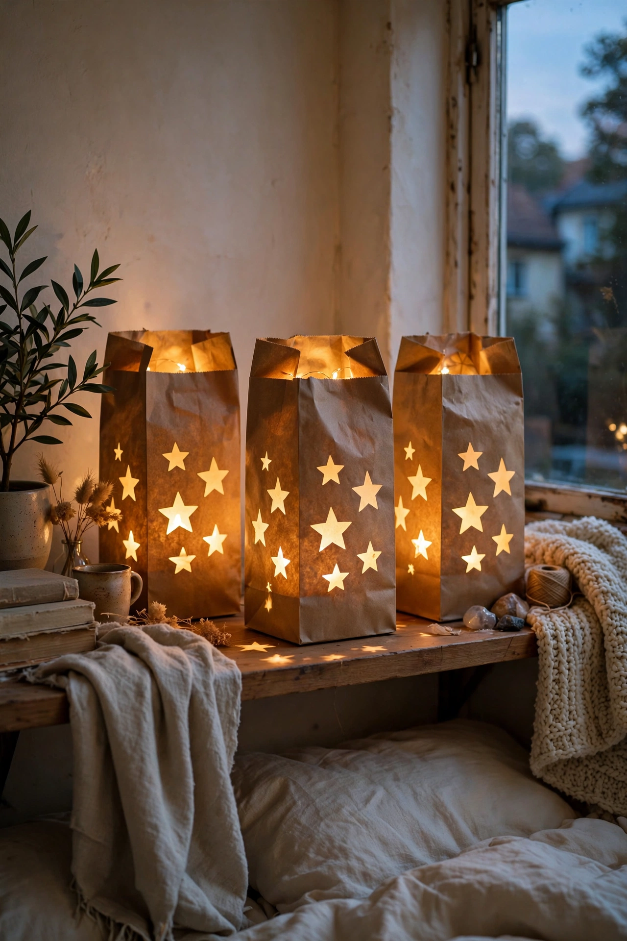 Brown paper bag lanterns glowing on a bedroom shelf