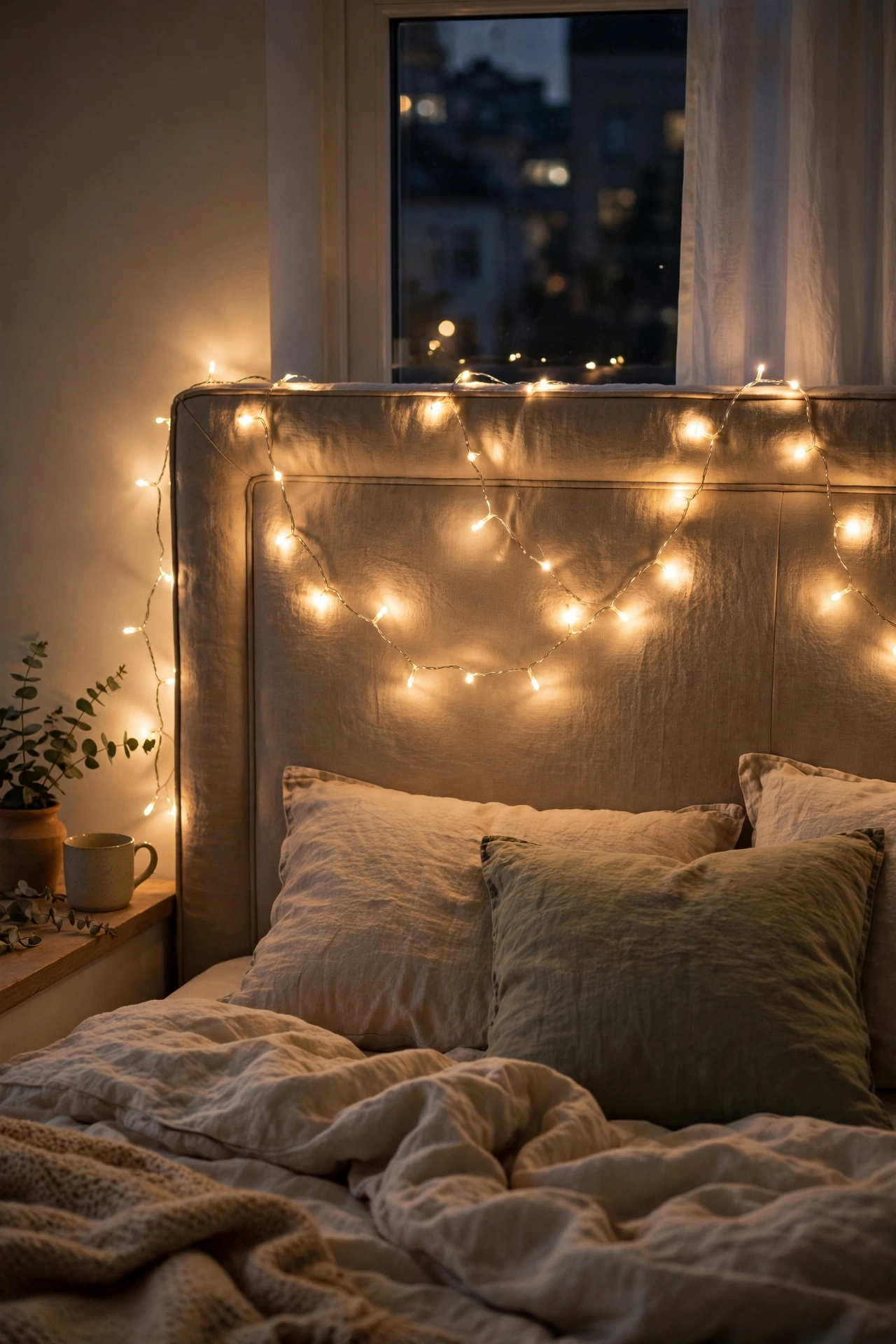 Warm fairy string lights draped over a headboard