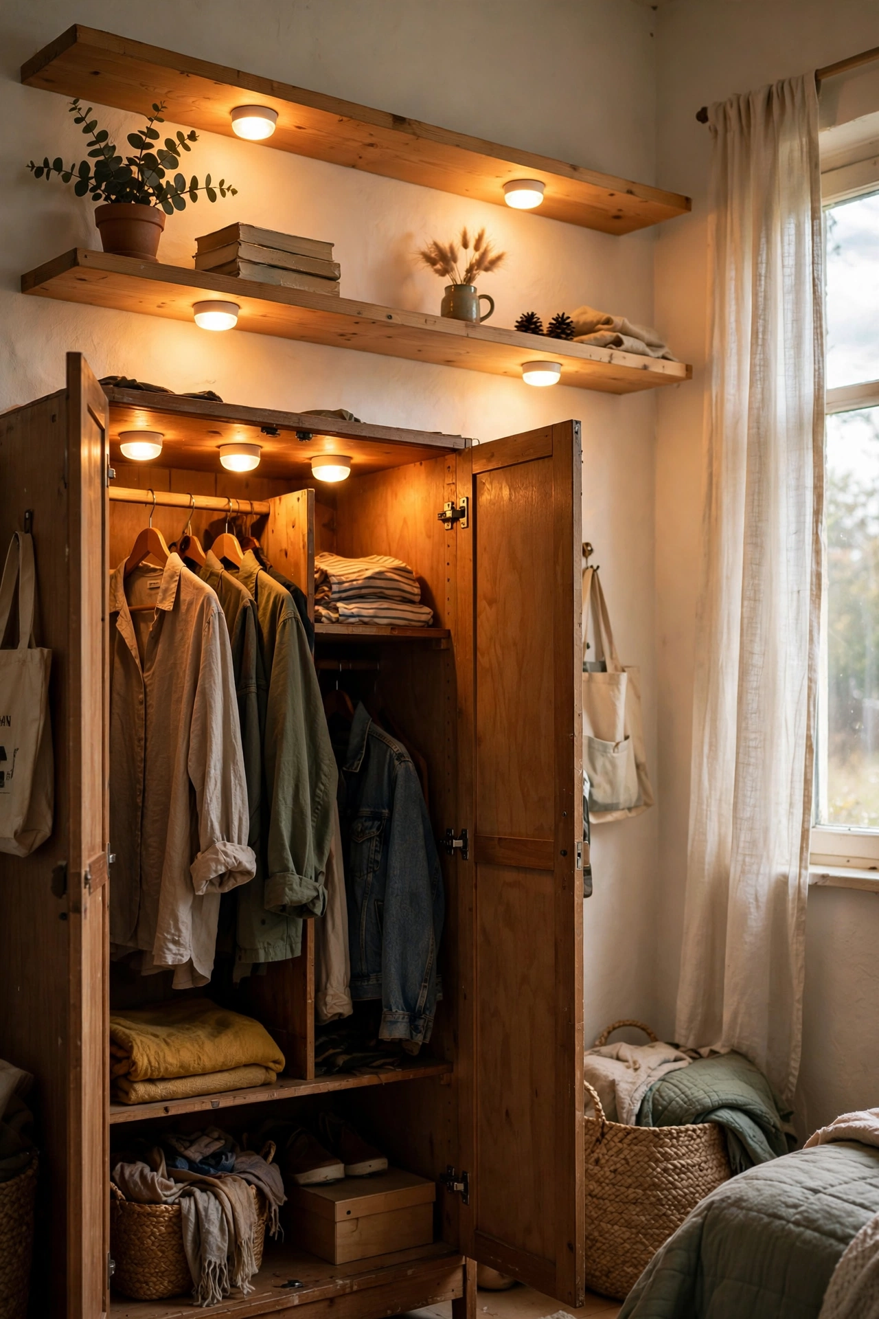 Stick-on puck lights glowing inside a bedroom wardrobe