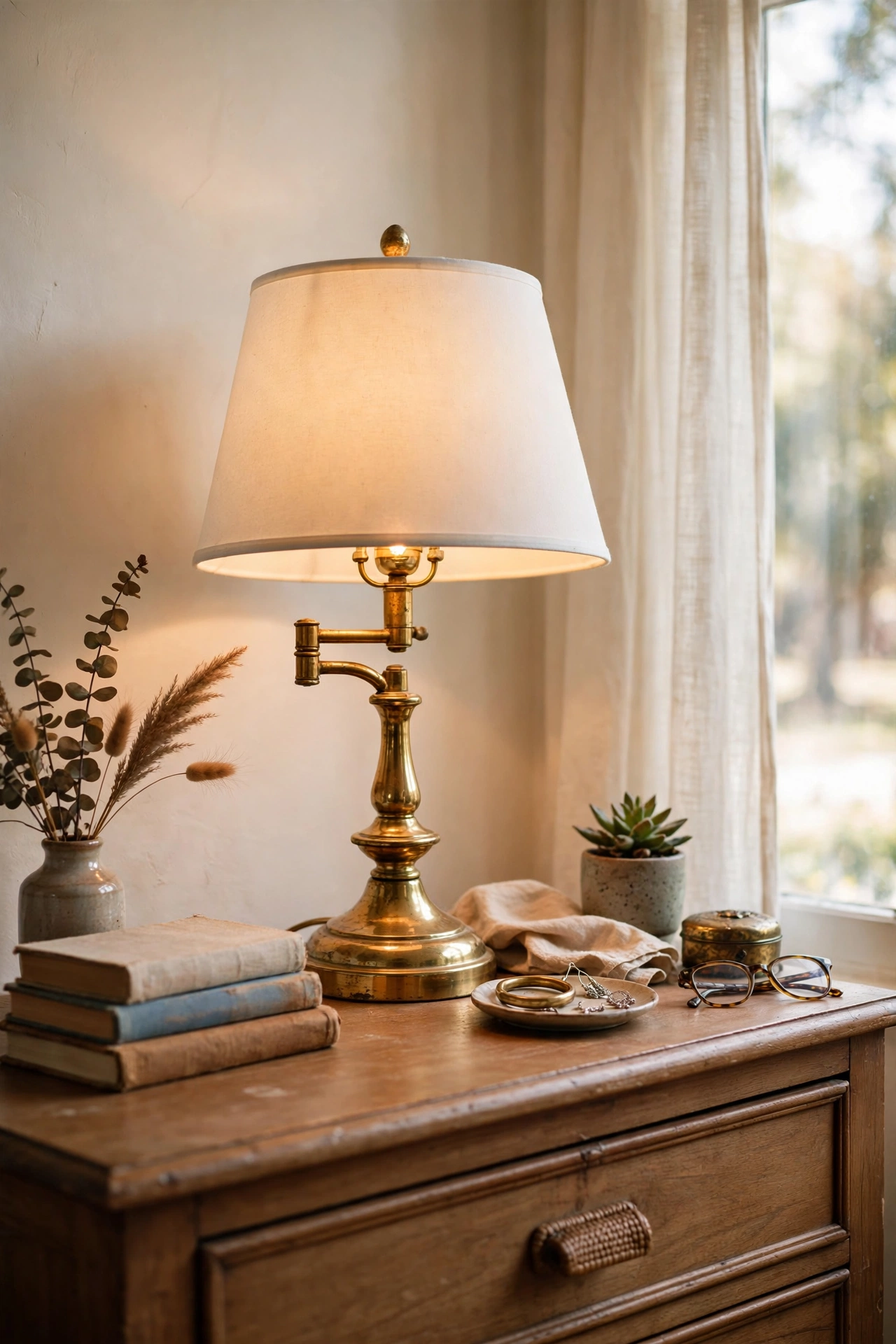 Polished thrifted brass lamp with a white drum shade
