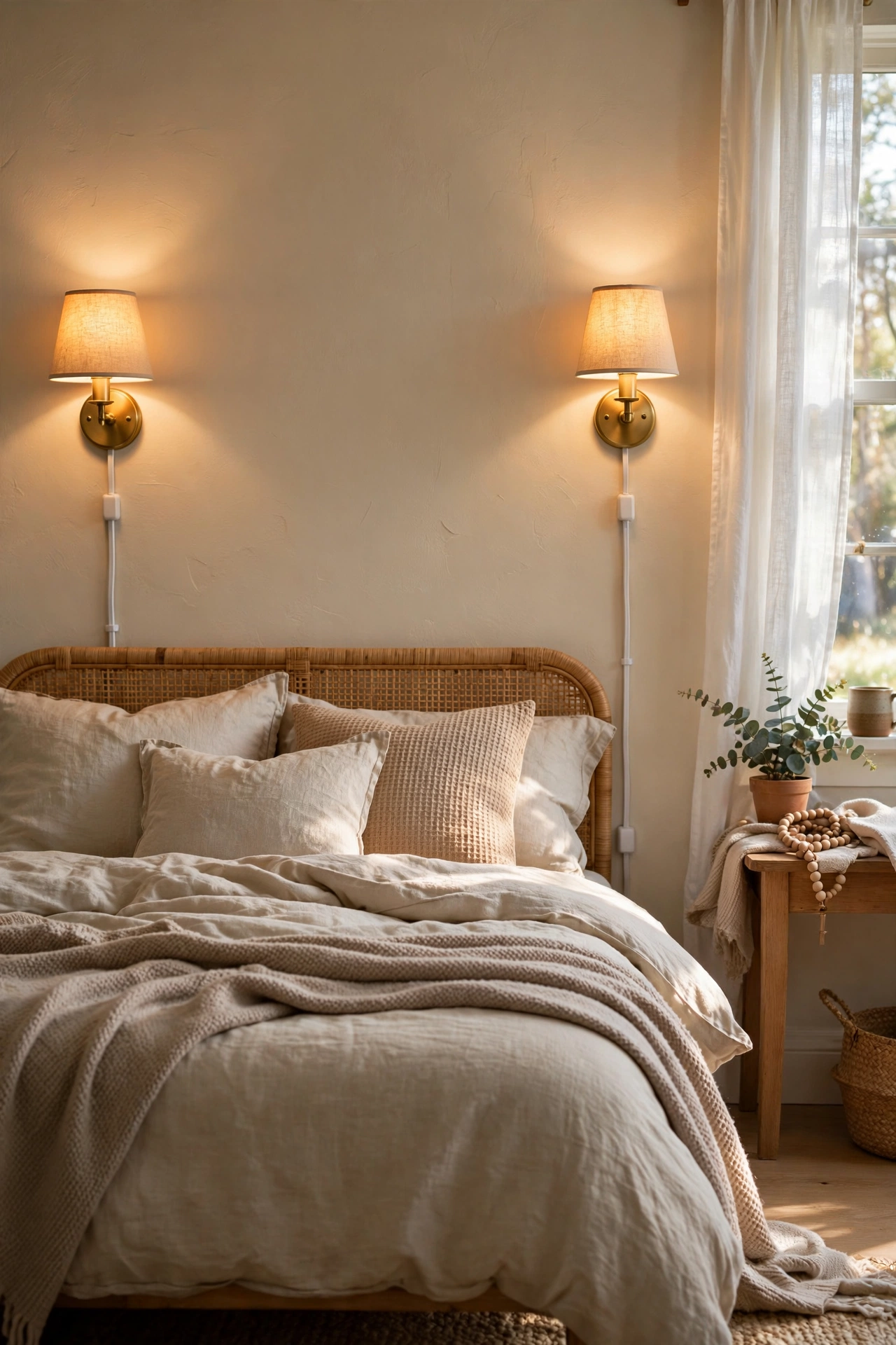 Two plug-in wall sconces flanking a bed with cord covers