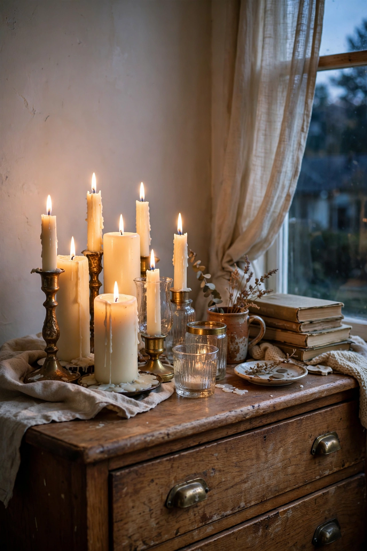 Cluster of lit candles in thrifted brass holders on a dresser