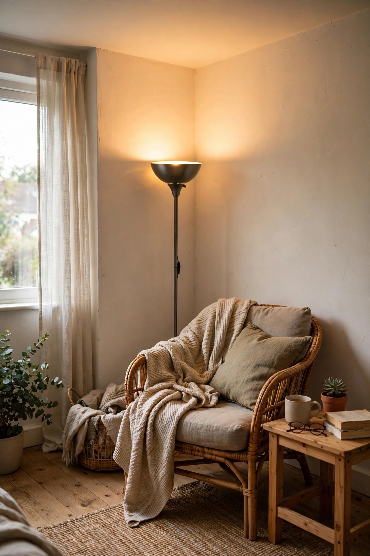 Torchiere floor uplighter washing a bedroom ceiling with warm light