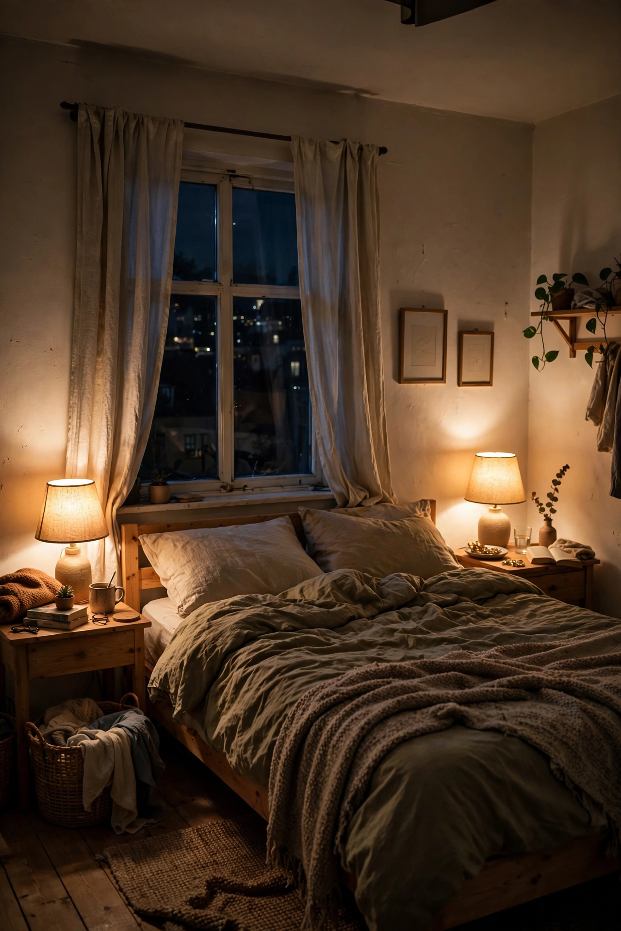 Bedroom at night lit only by two warm bedside lamps