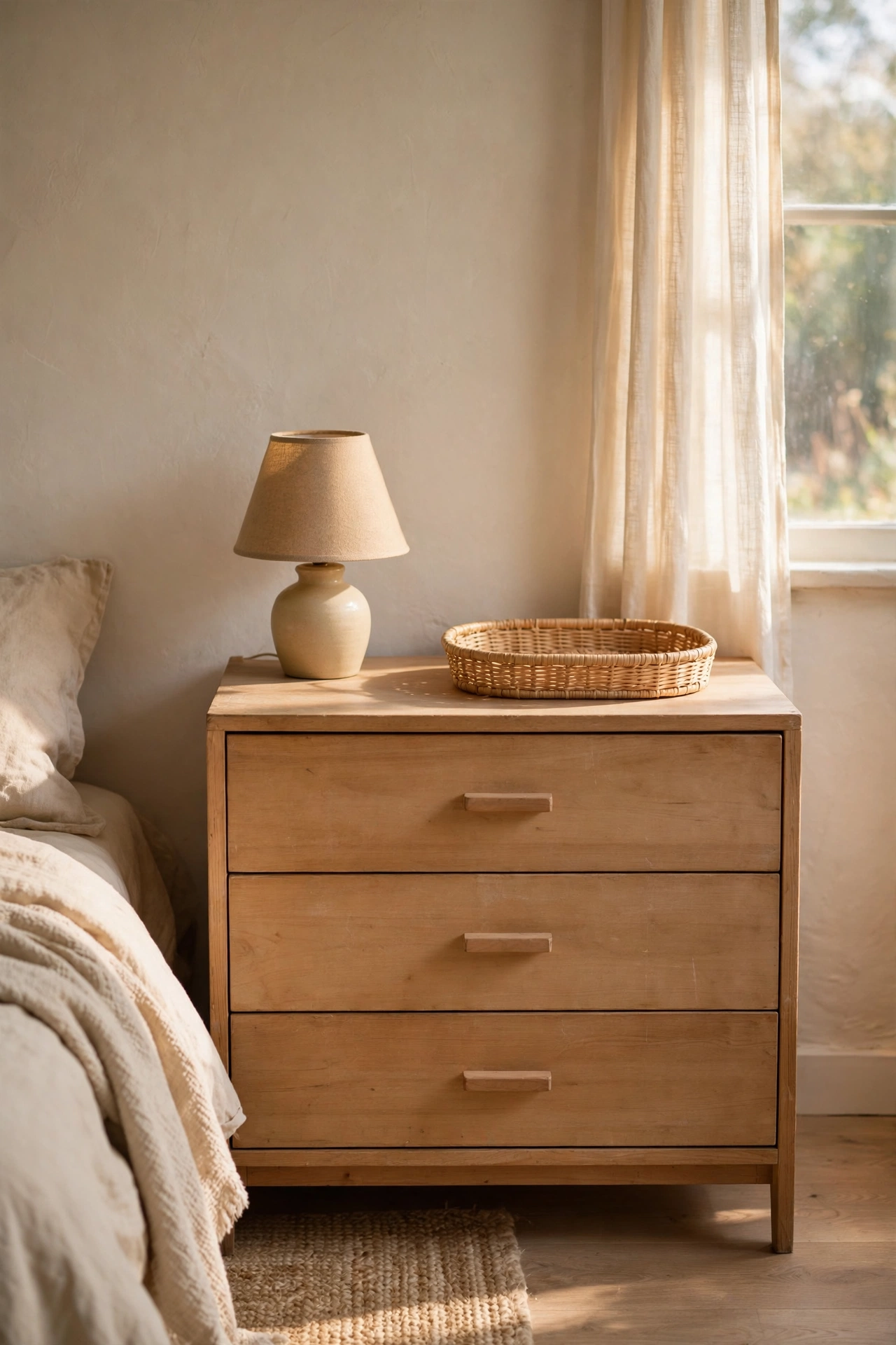 Minimalist bedroom dresser with clear surface, lamp and single tray