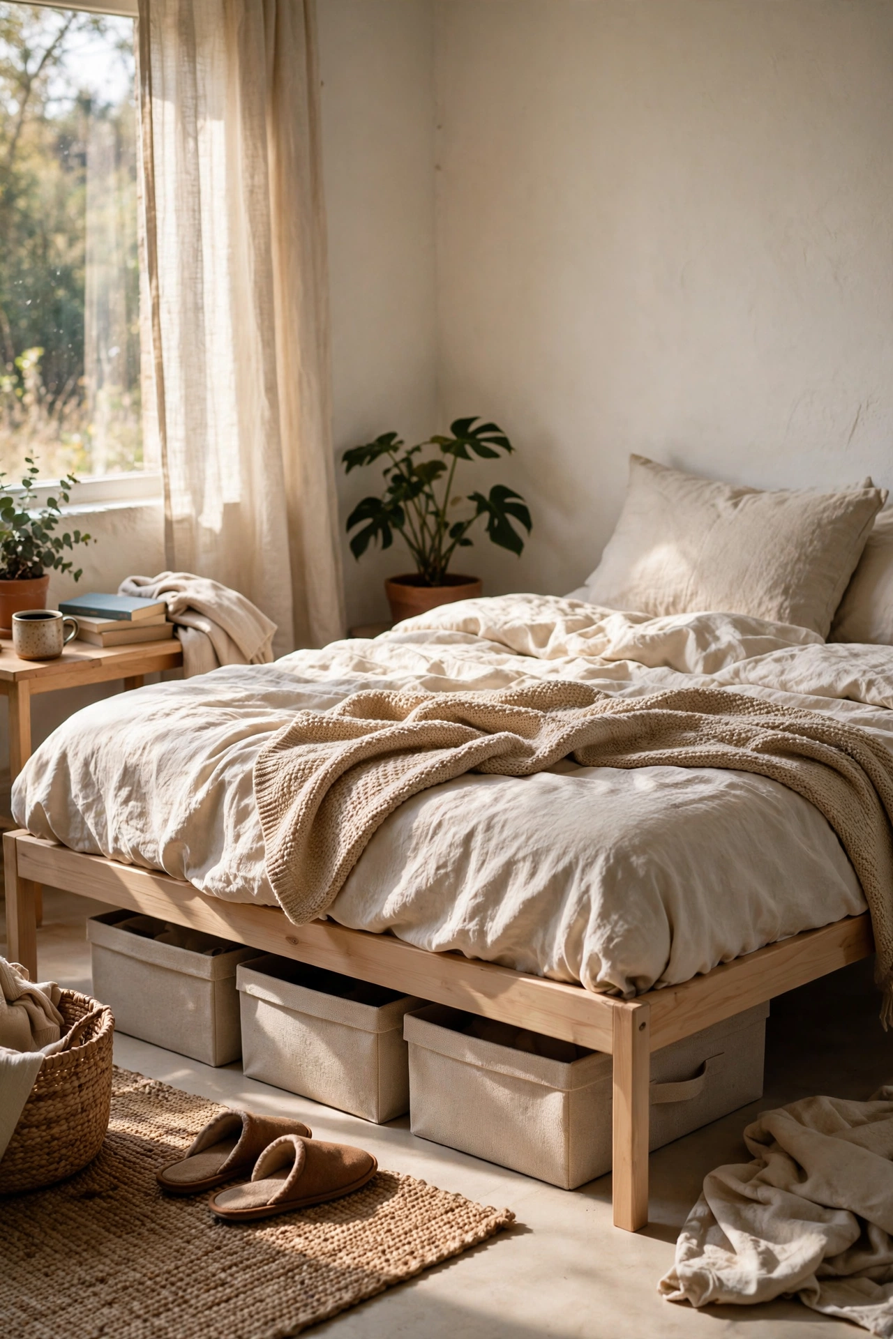 Low-profile fabric storage boxes sliding under a bed