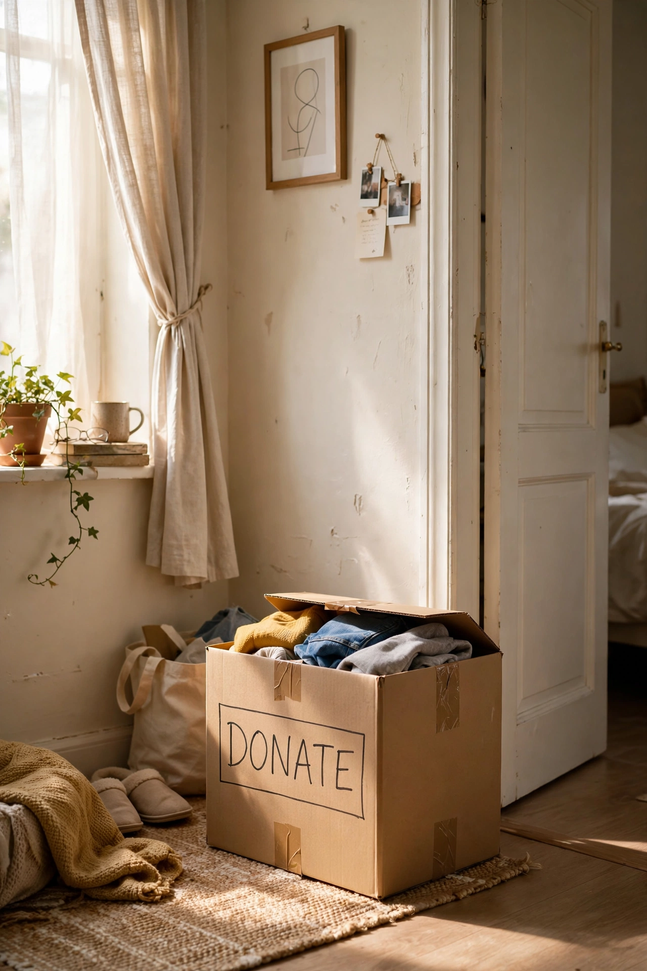 Cardboard donation box labelled donate by a bedroom door