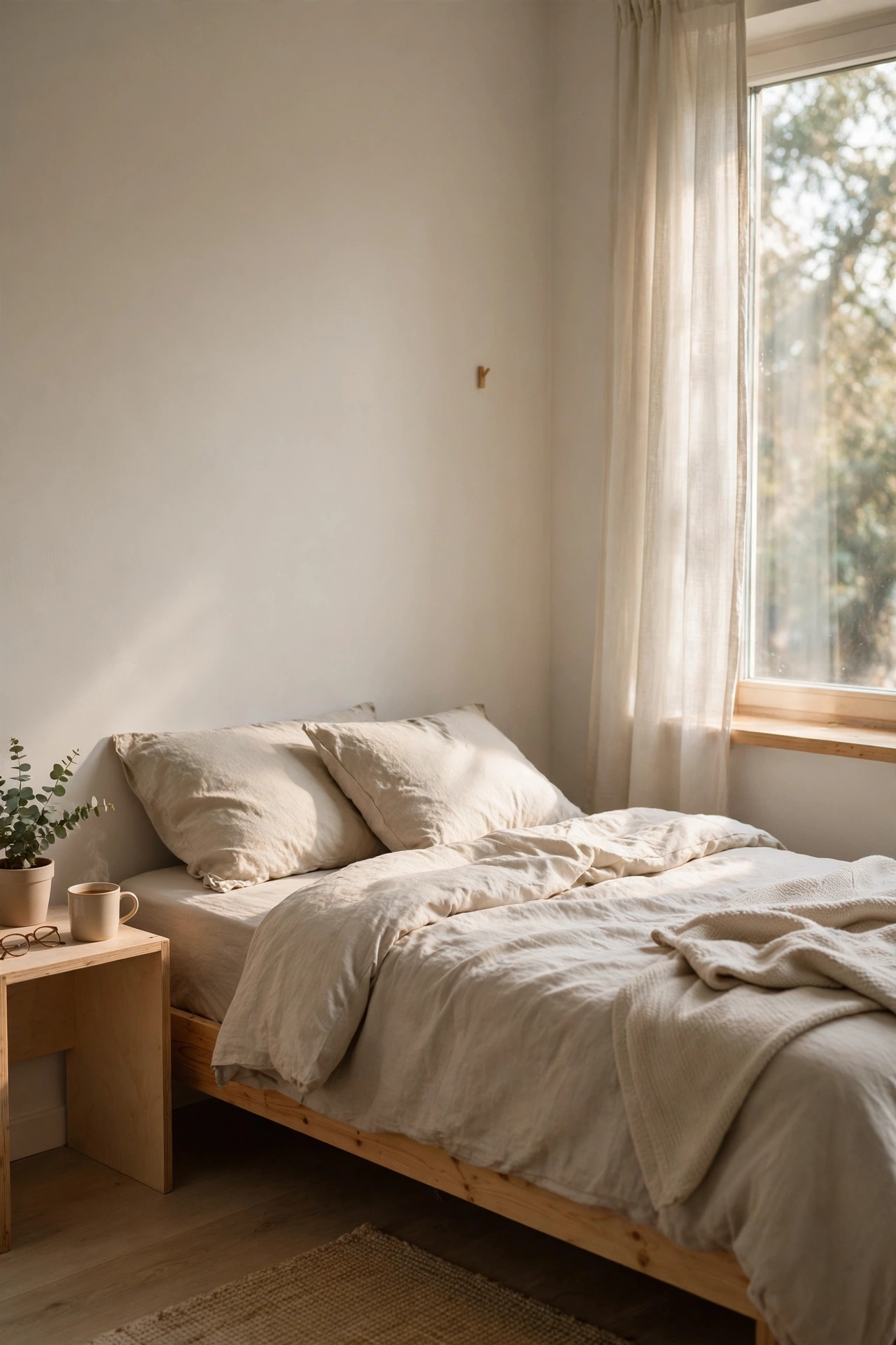 Calm minimalist bedroom showing simple decluttered space