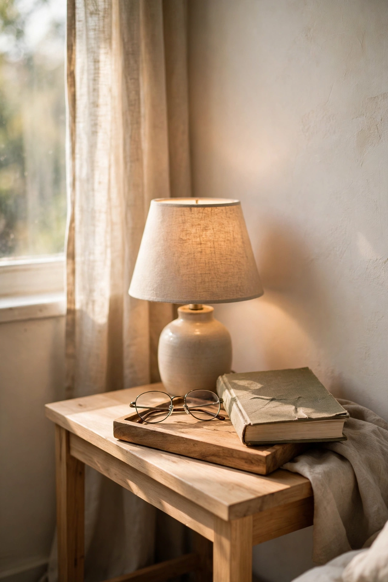 Nightstand with lamp and single wooden tray holding essentials