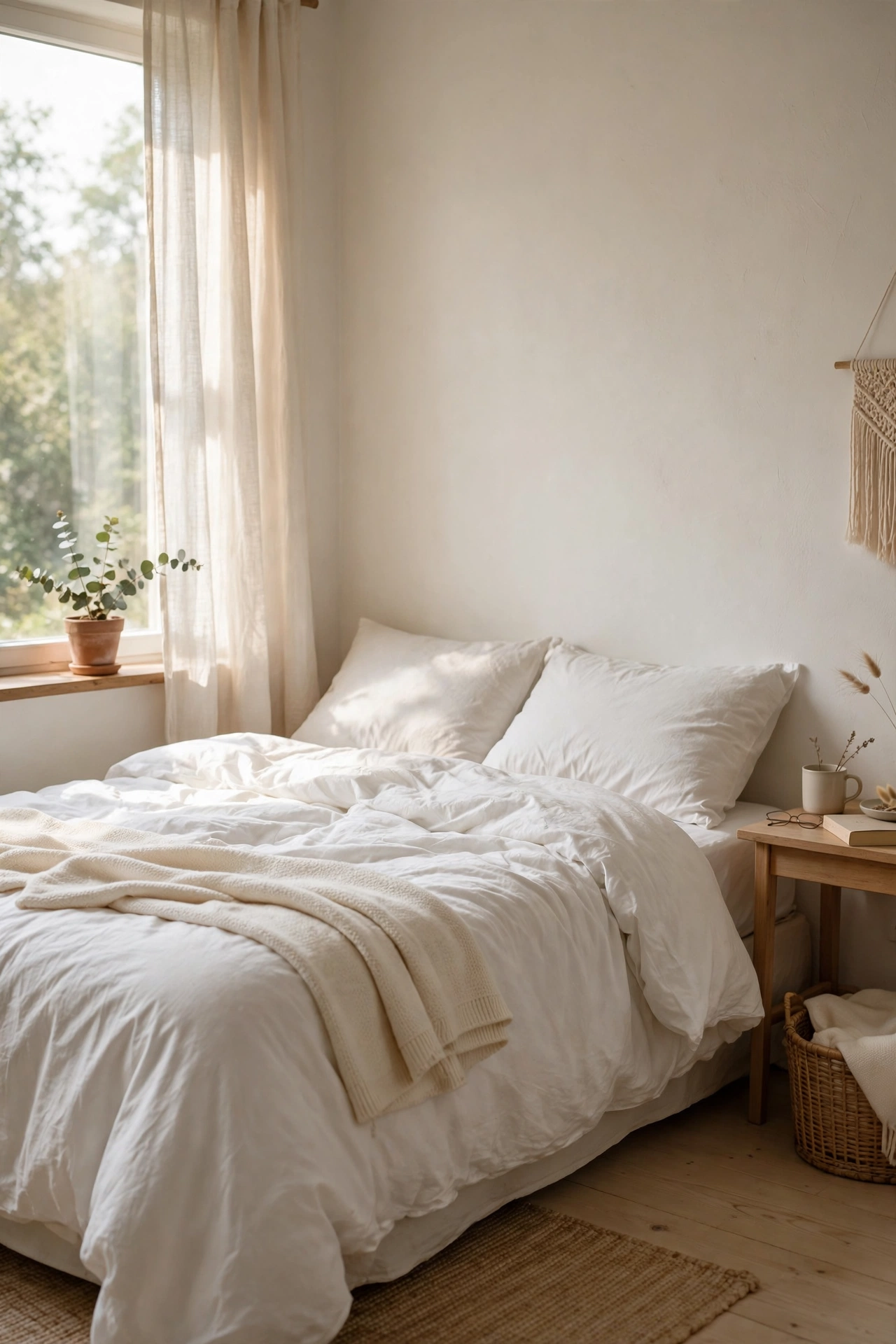 Bed dressed in plain white duvet with cream throw