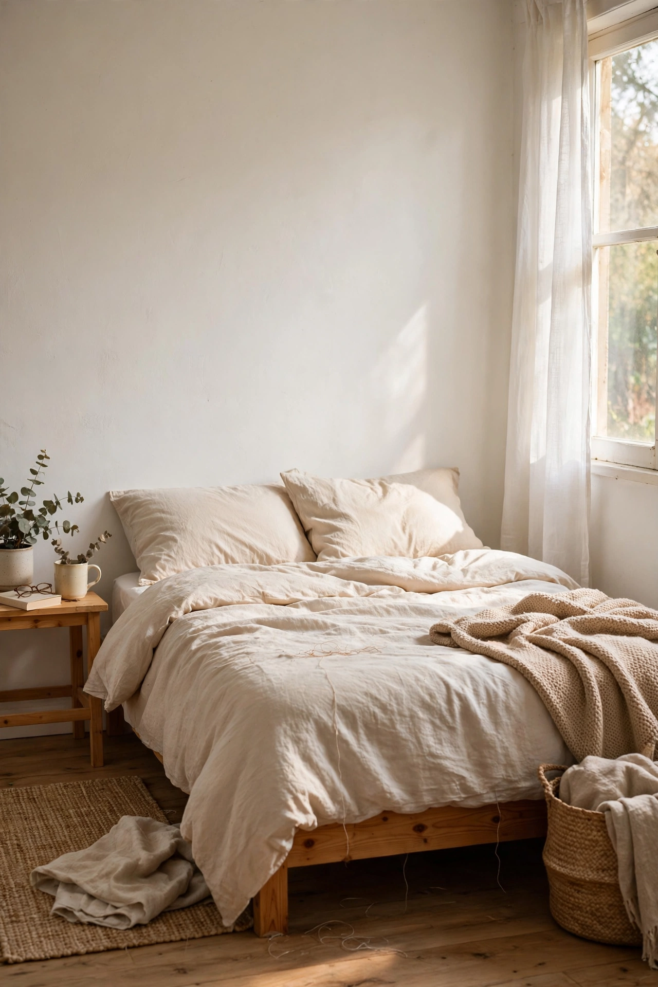 Bedroom wall behind bed painted soft warm white