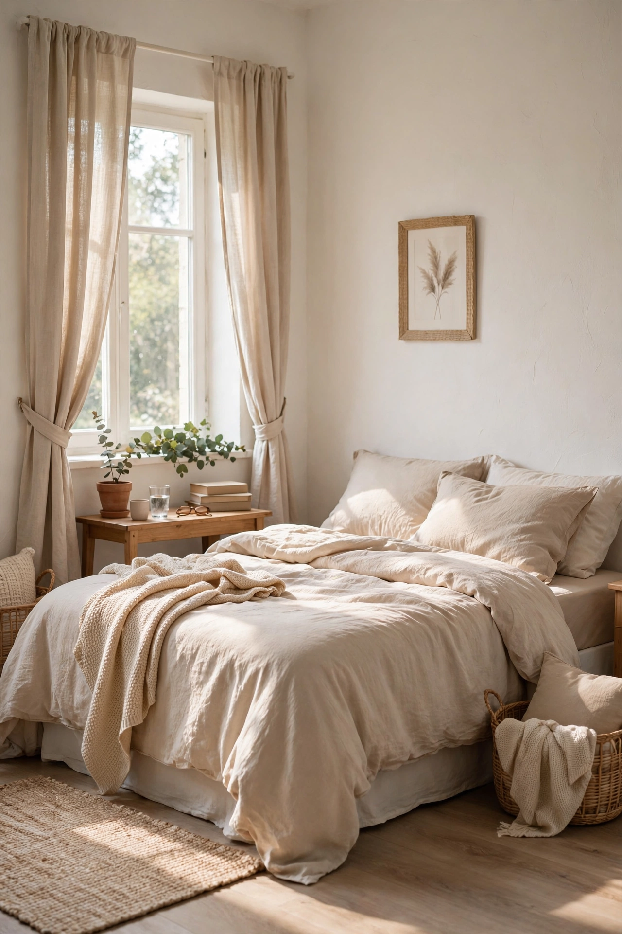 Minimalist bedroom in warm white and soft beige tones