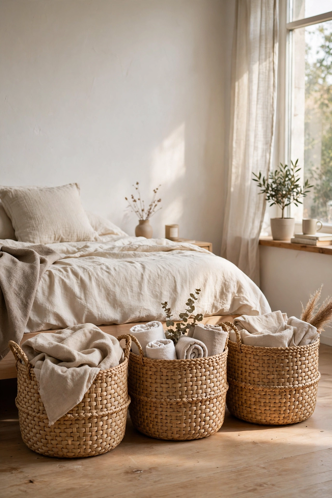 Three matching seagrass baskets hiding clutter in a bedroom