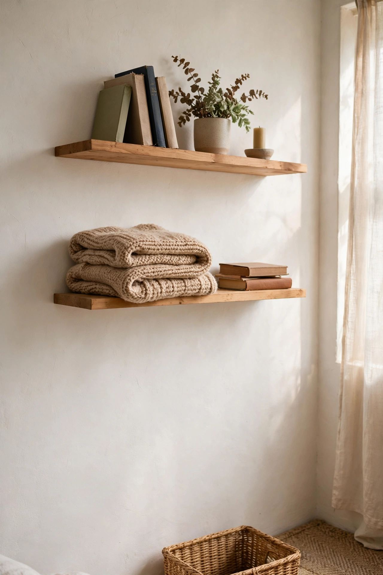 Two floating shelves on a bedroom wall with sparse styling