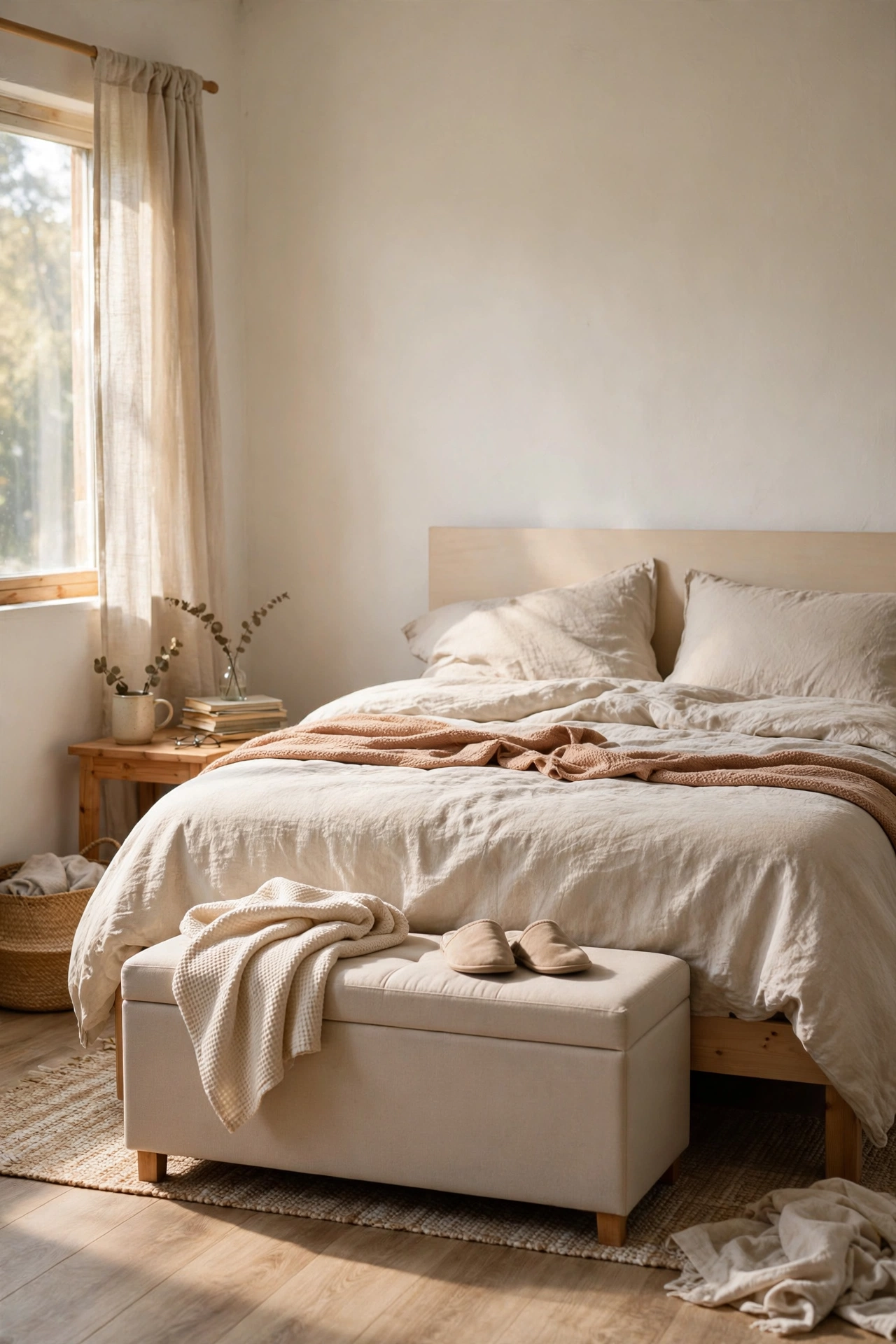 Slim upholstered storage bench at the foot of a bed