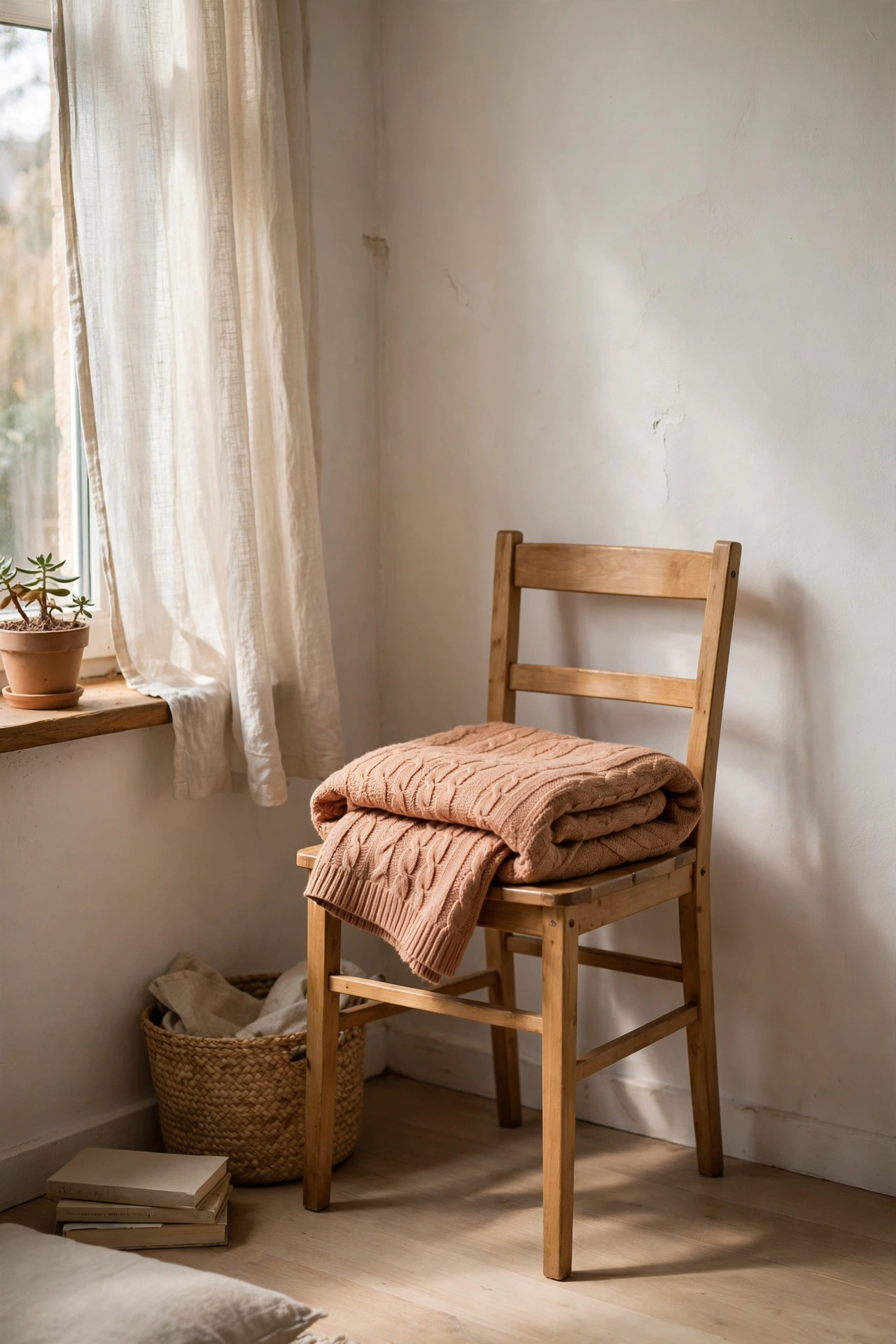 Single empty wooden chair in a calm minimalist bedroom corner