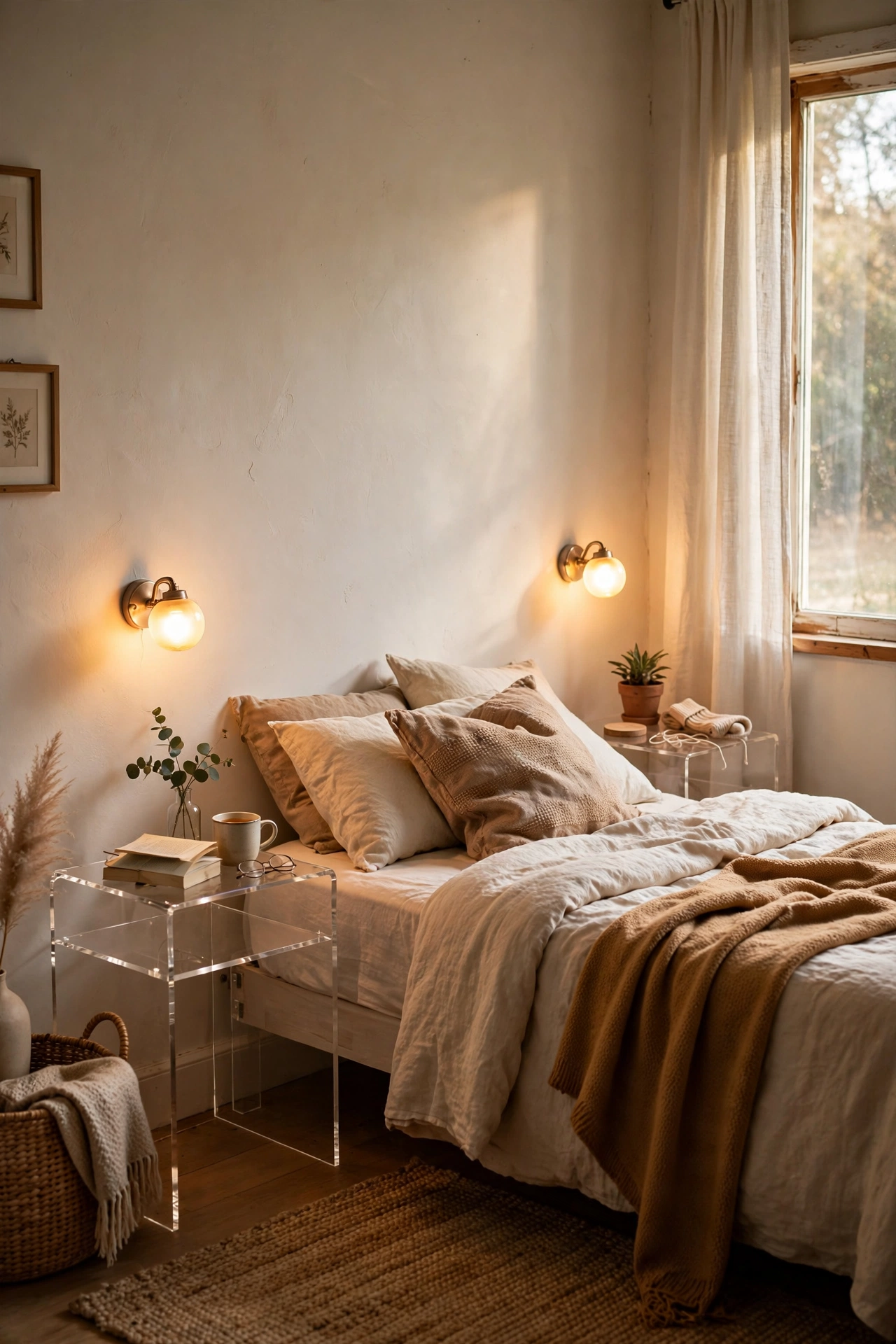 Wall-mounted bedside lights above clear nightstands