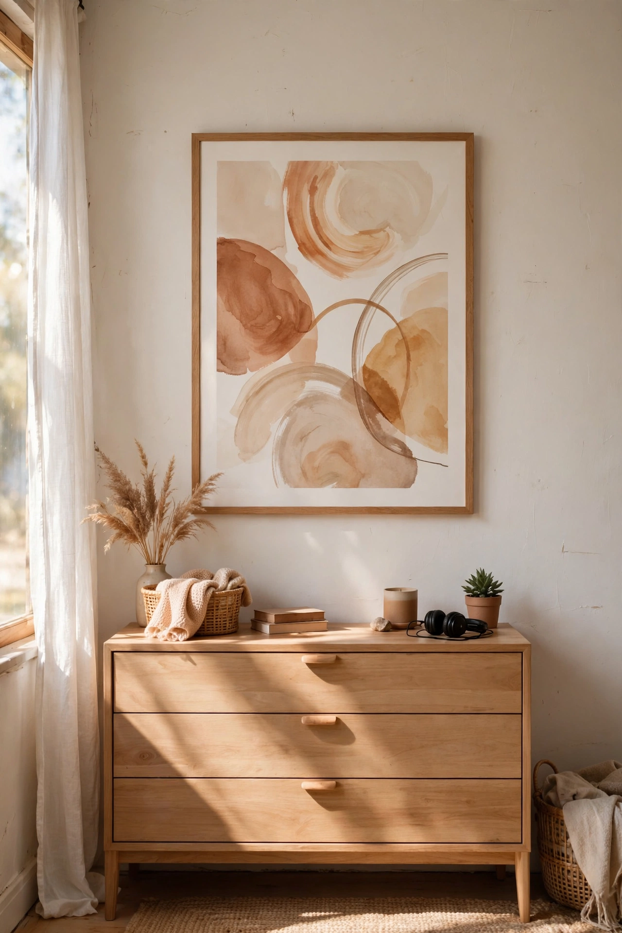 One large framed abstract print above a bedroom dresser
