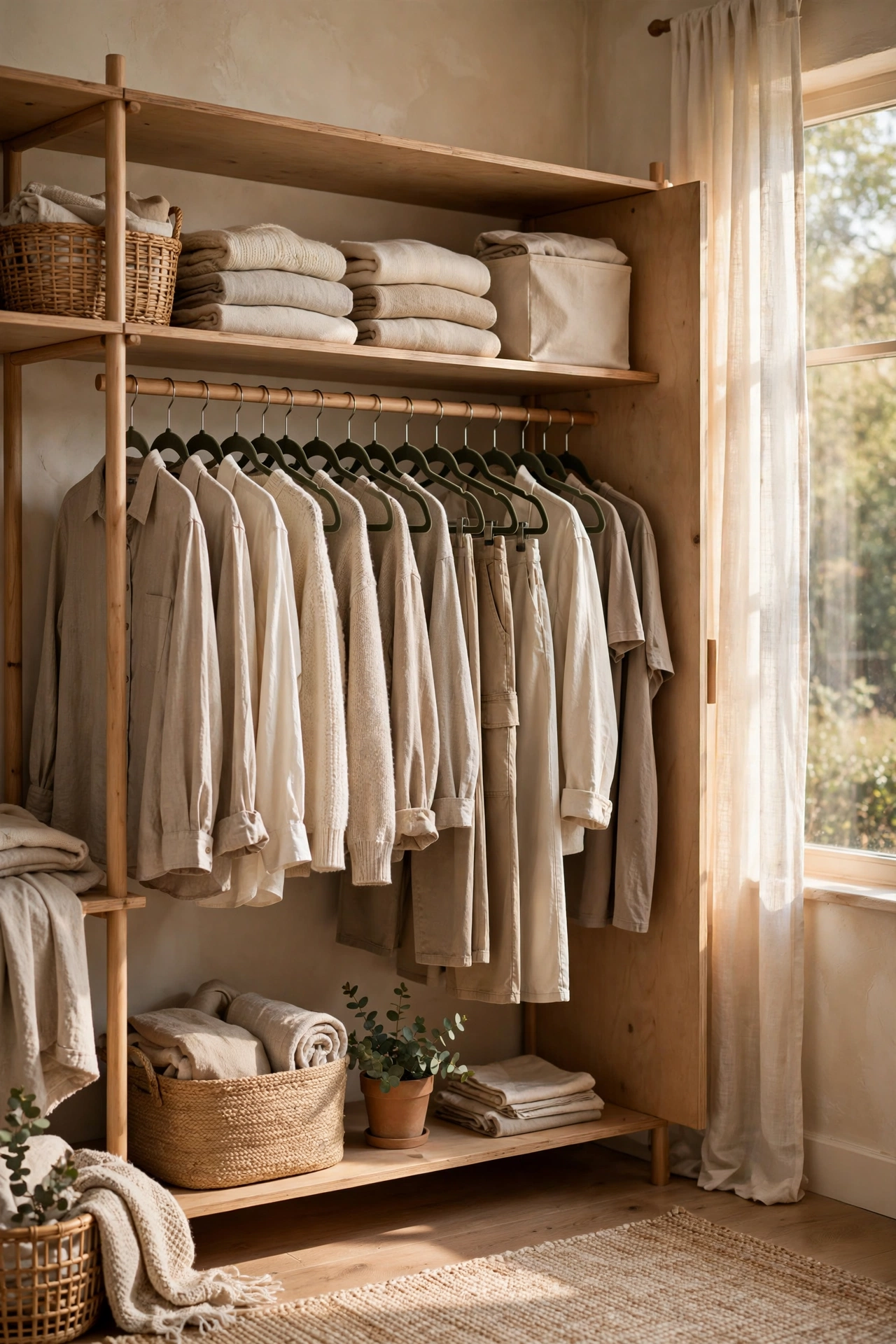 Wardrobe with matching slim velvet hangers and neat clothes