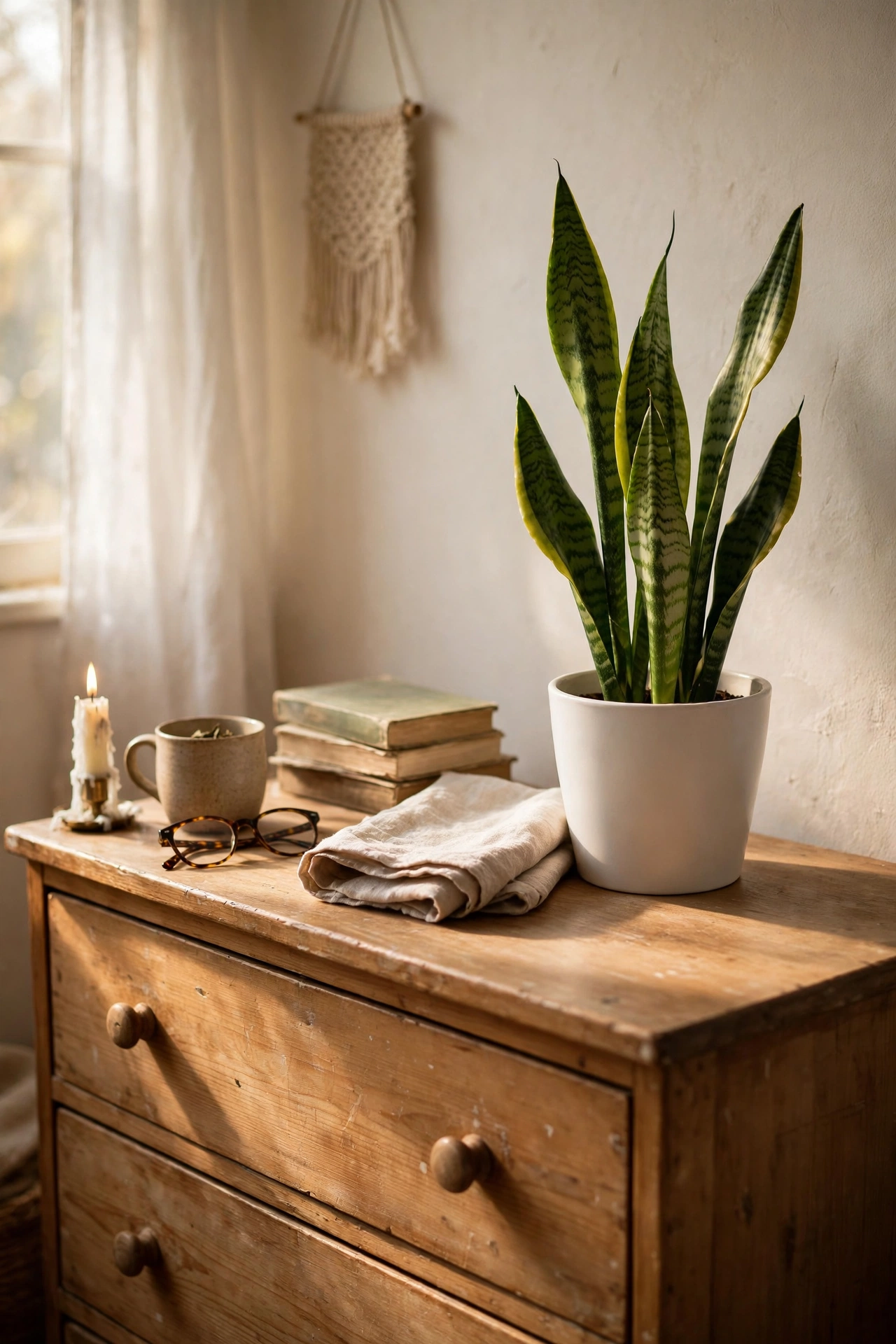 Single snake plant in a plain white pot on a dresser
