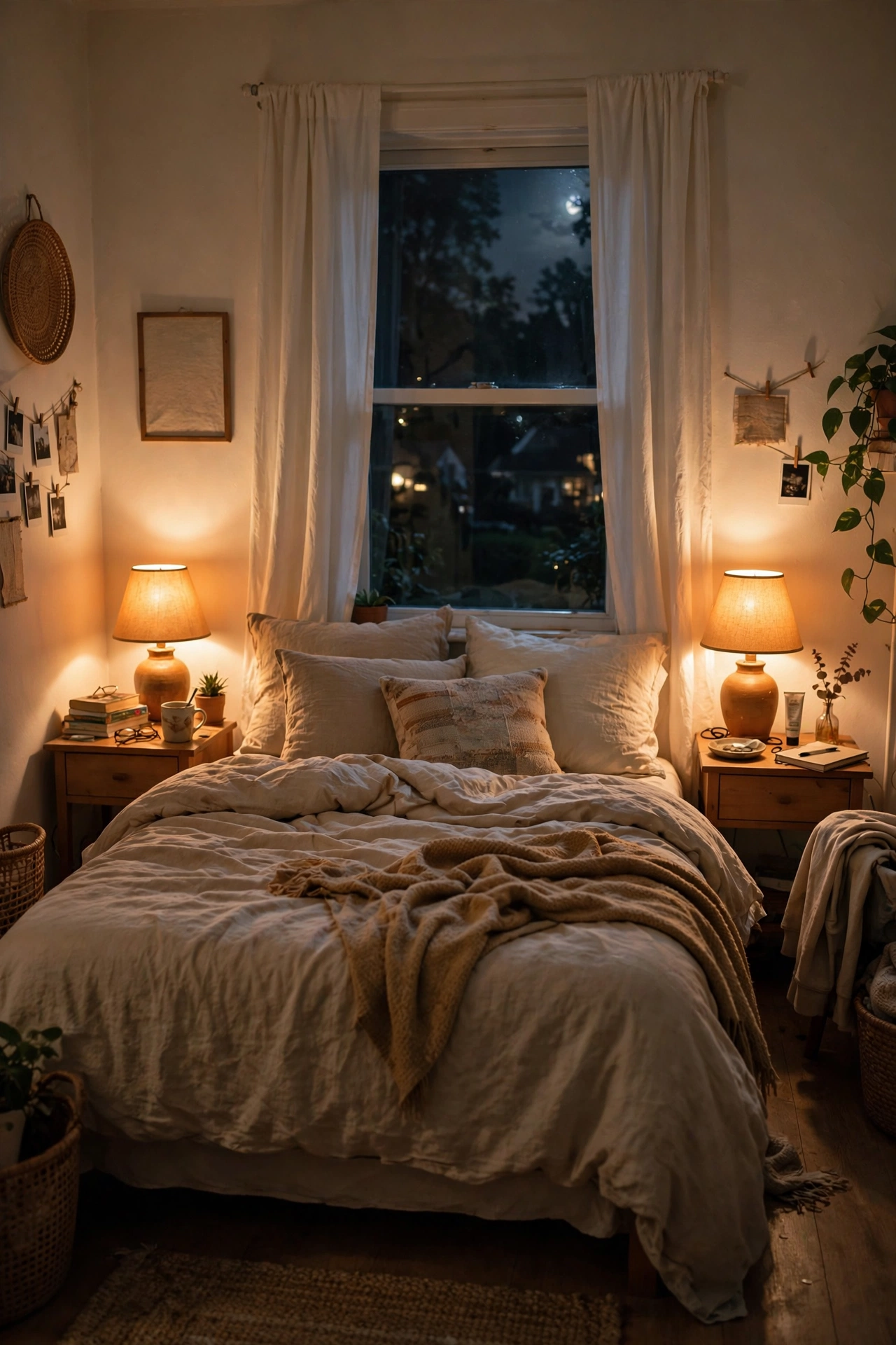 Bedroom with warm glowing bedside lamps and amber lighting