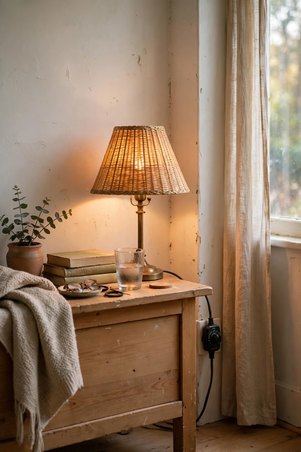 Bedside lamp with plug-in dimmer glowing softly