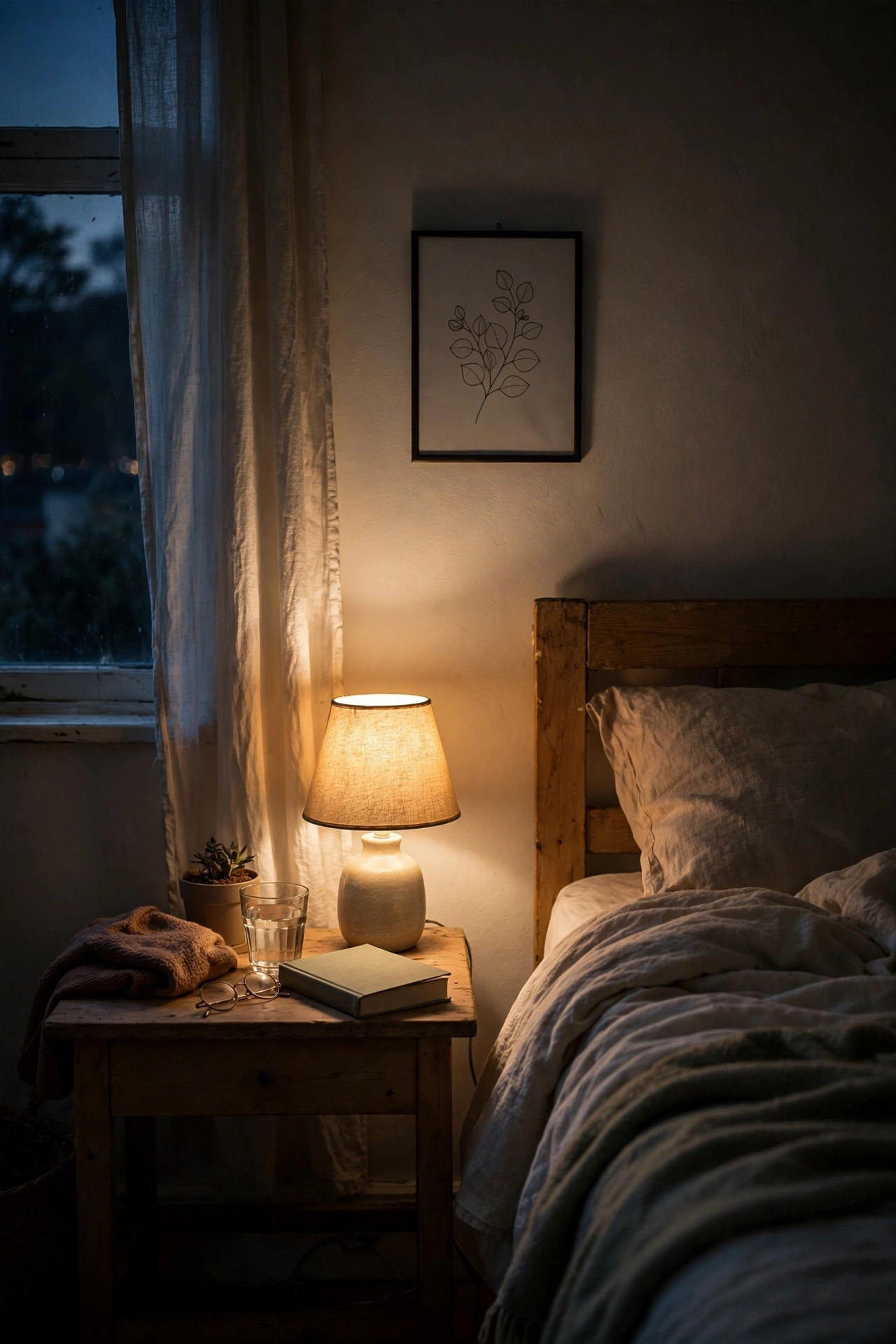 Small touch lamp glowing on nightstand at night