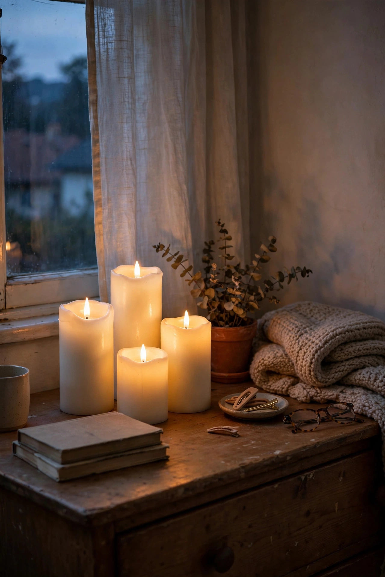 LED candles flickering on bedroom dresser