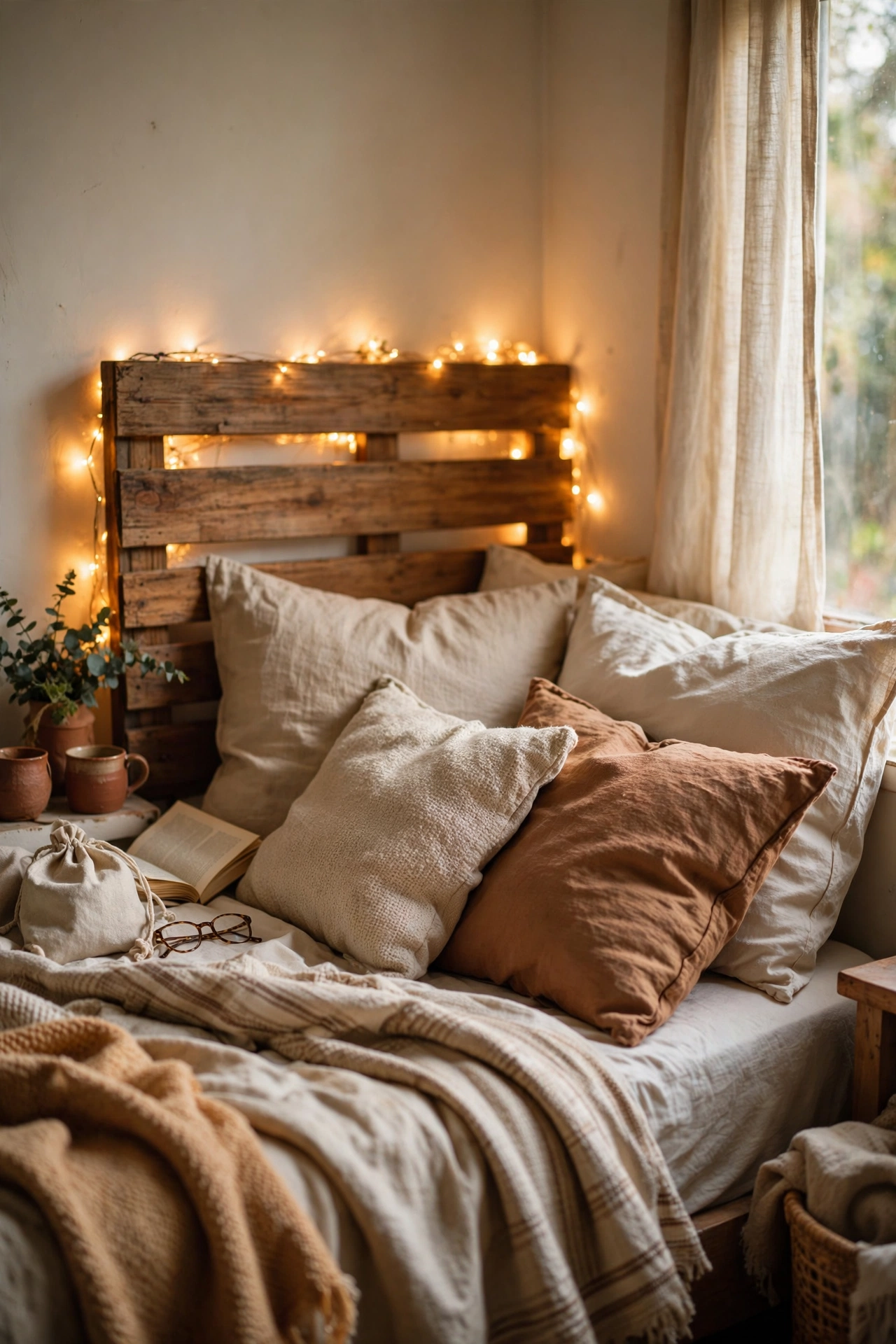 Warm fairy lights glowing behind a wooden headboard