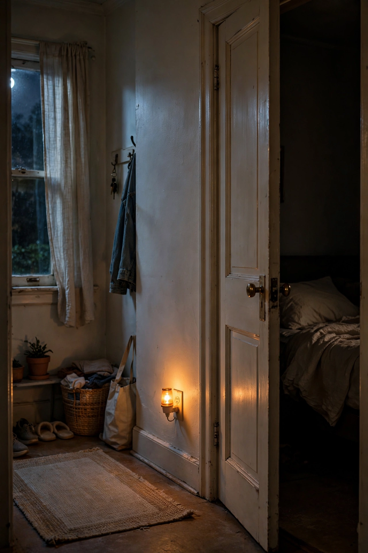 Amber night light glowing in a hallway outside bedroom