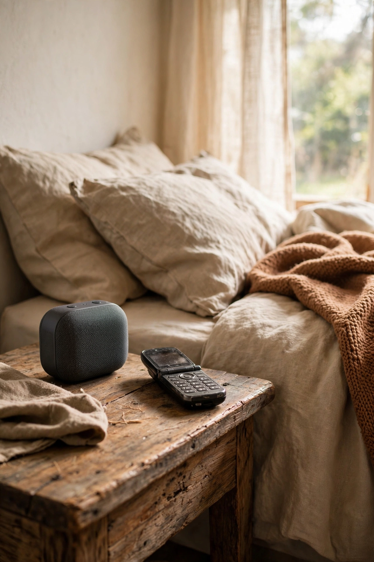 Small Bluetooth speaker and old phone on nightstand
