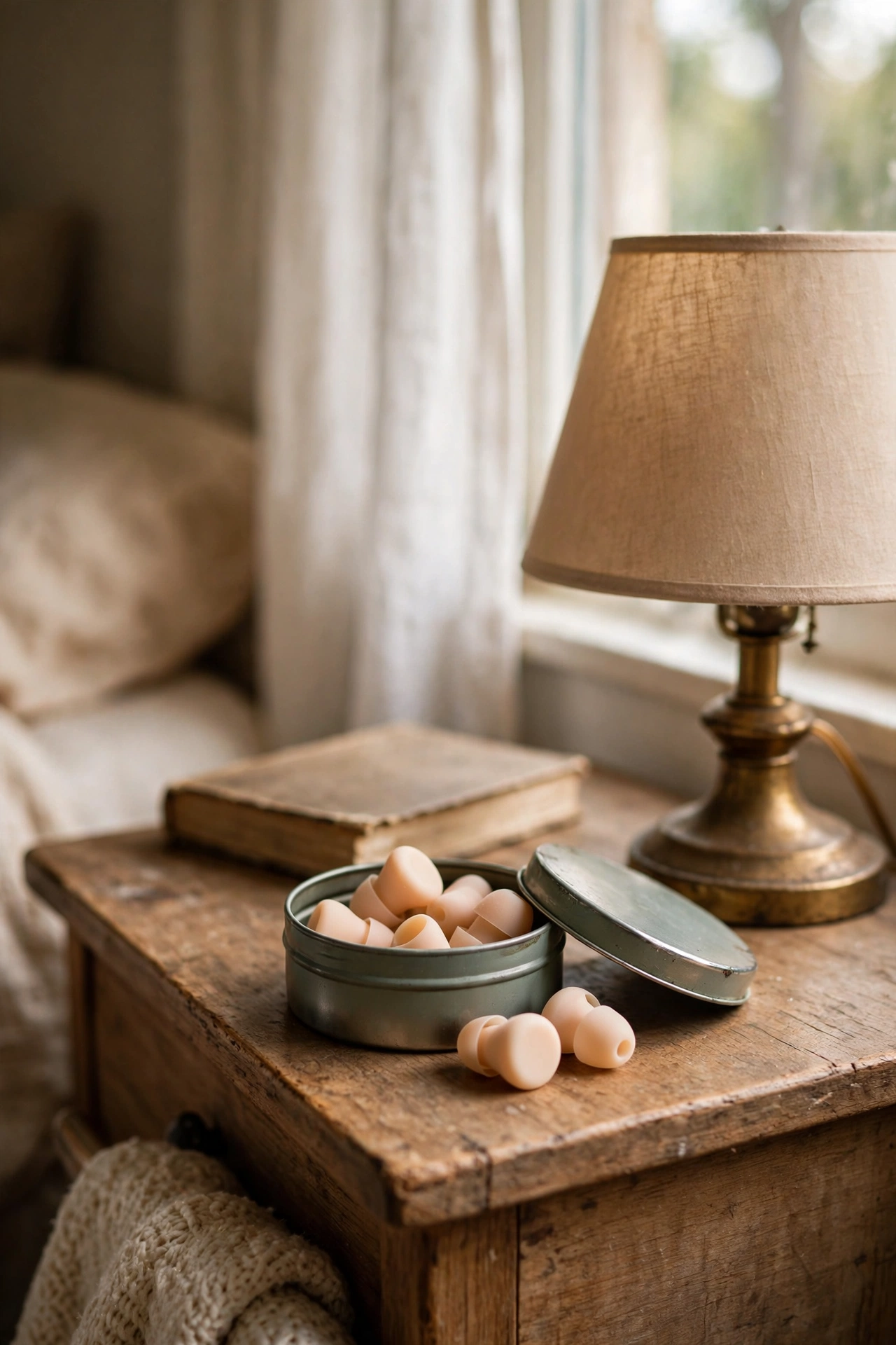Soft silicone earplugs in a small tin on nightstand