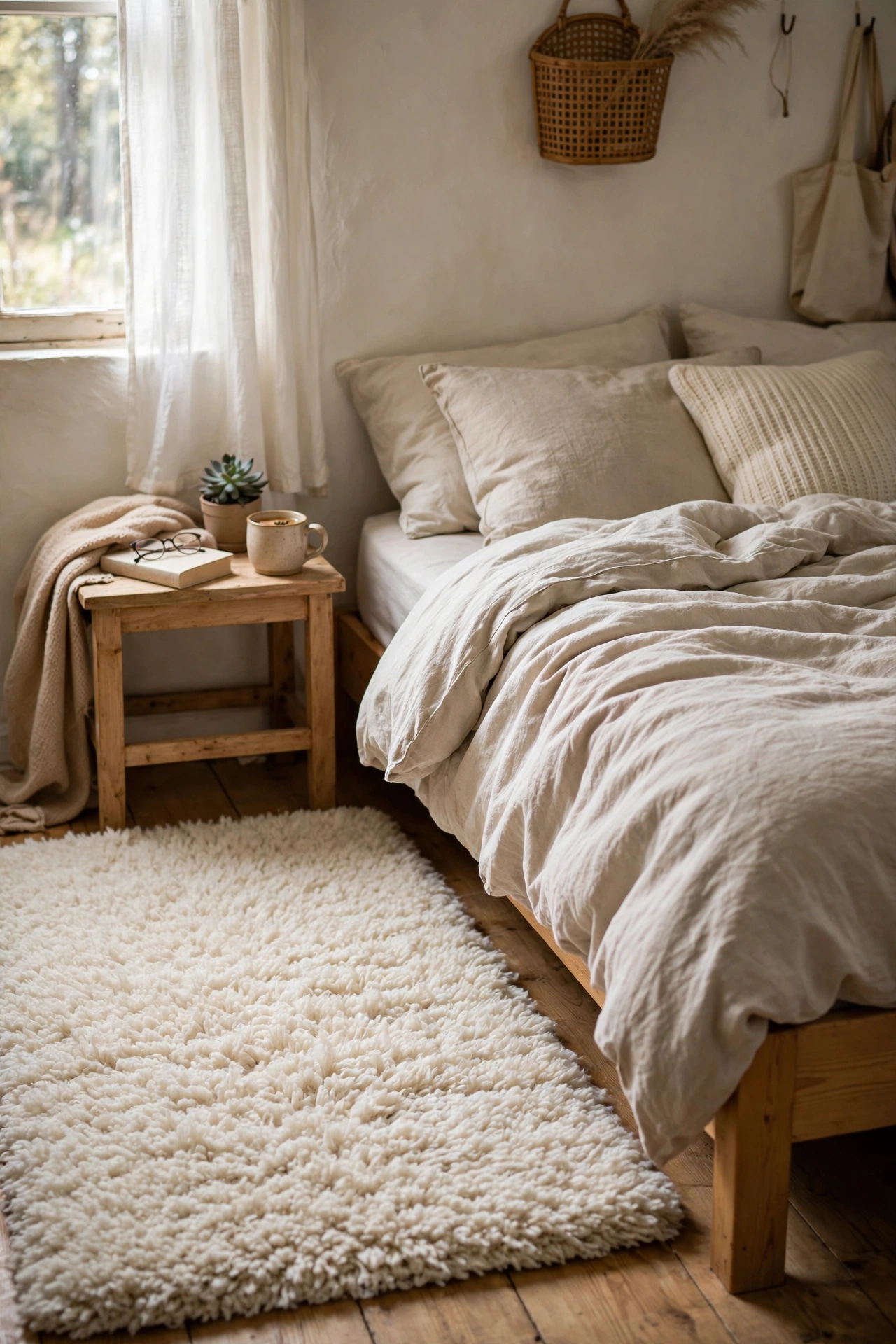 Thick cream rug beside a cozy bed