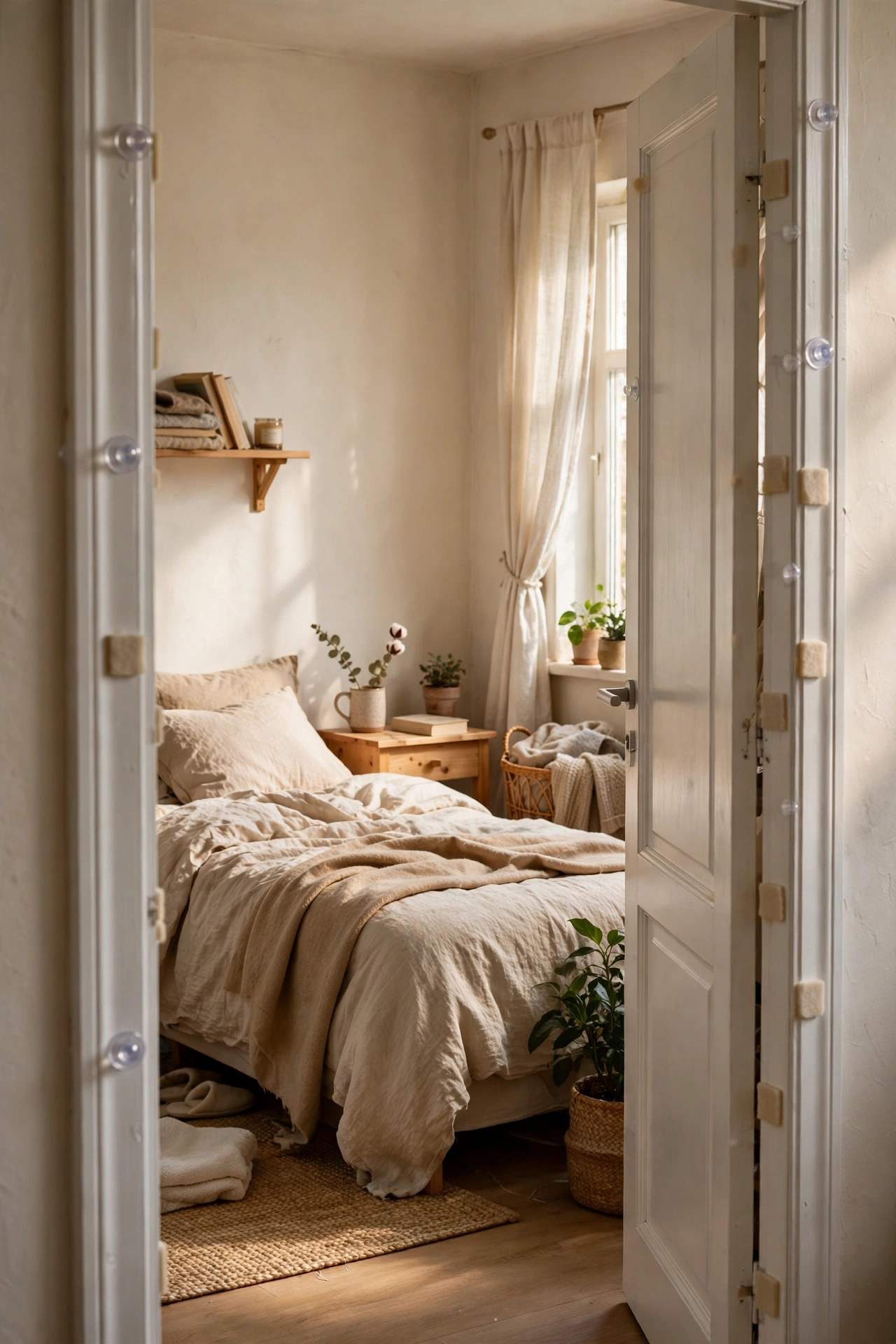 Felt pads and door bumpers on bedroom door