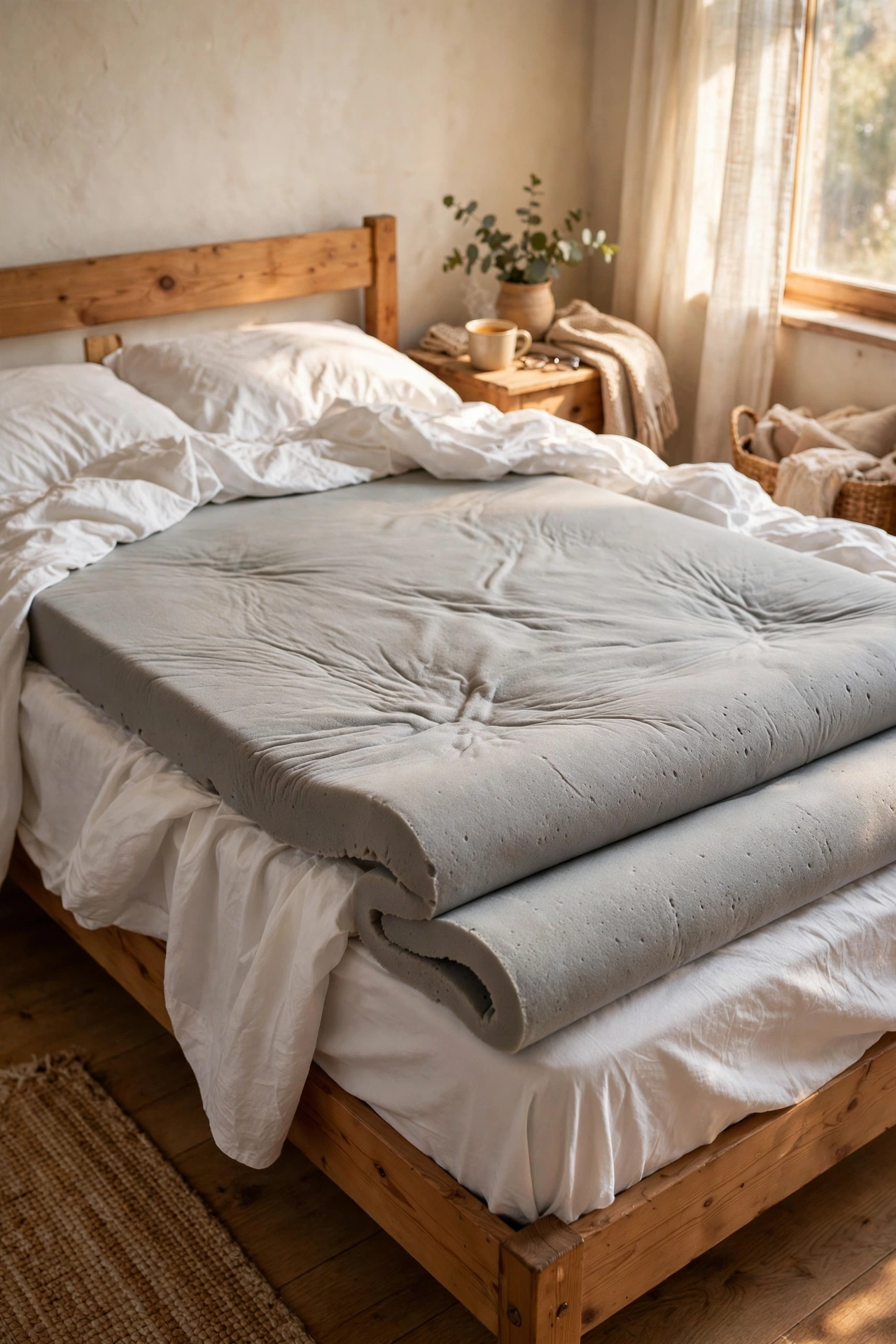 Memory foam mattress topper on a bed