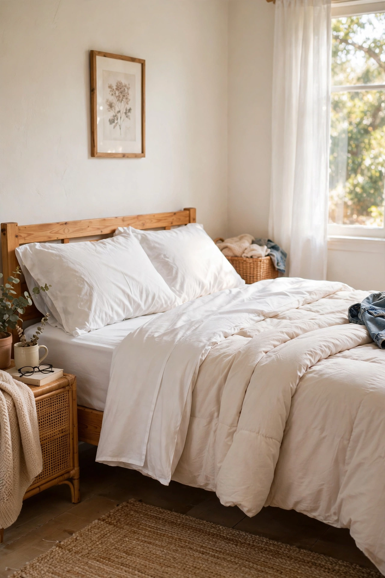 Crisp white cotton percale sheets on a bed