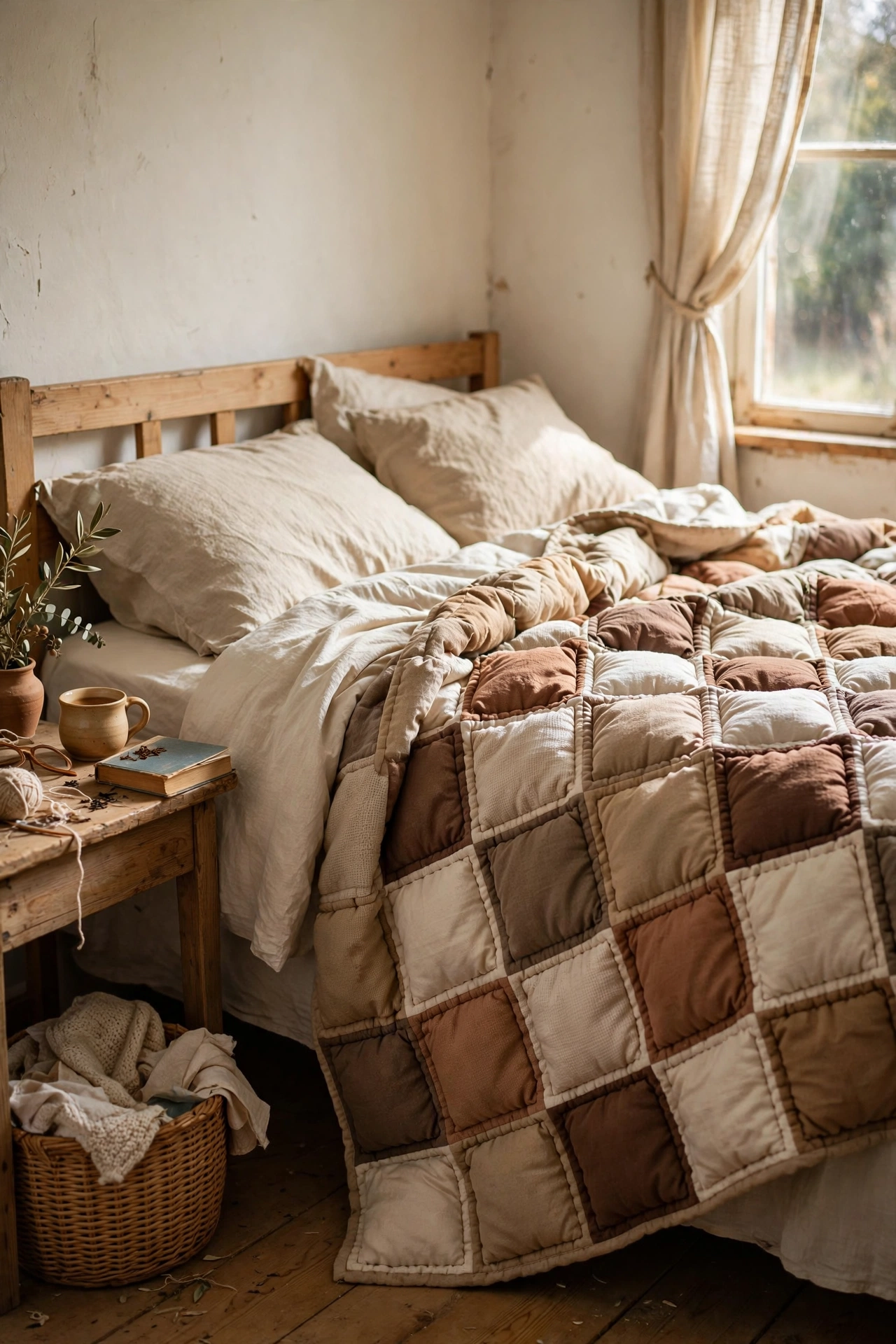 DIY weighted blanket with quilted squares on a bed